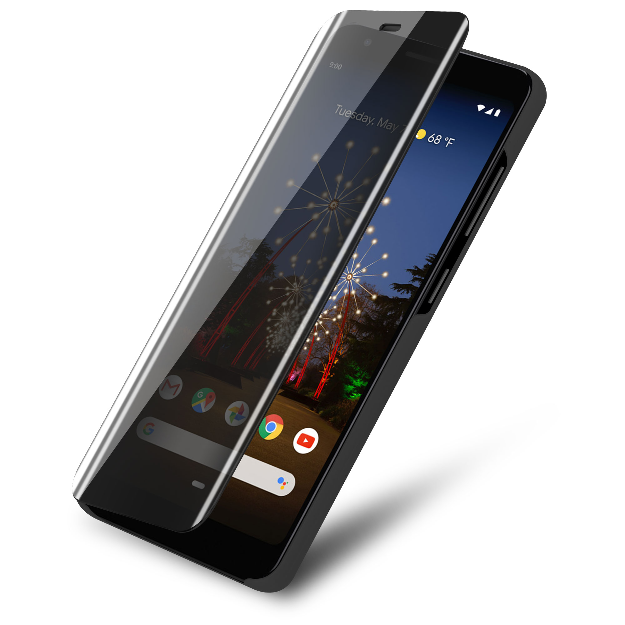 Telefon mit transparenter Hülle. Zeigt eine Skyline bei Nacht auf dem Bildschirm.