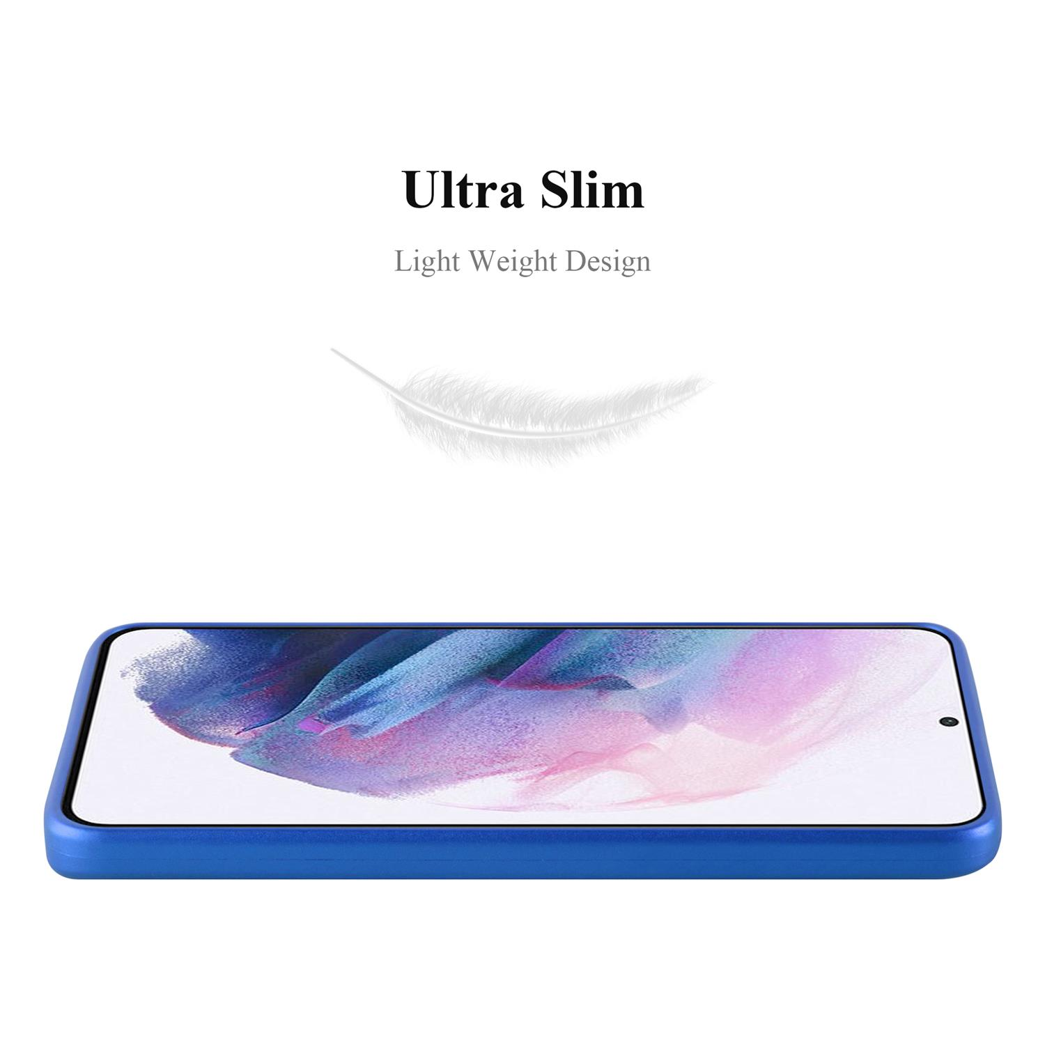 Blaue Handyhülle mit Telefon darin. Es ist ultra schlank. Eine Feder ist oben platziert.