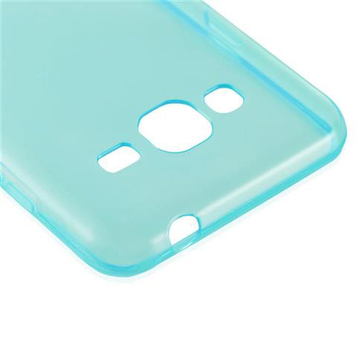 Primo piano di una custodia per telefono azzurra con tre fori e un'apertura più grande su una superficie bianca.