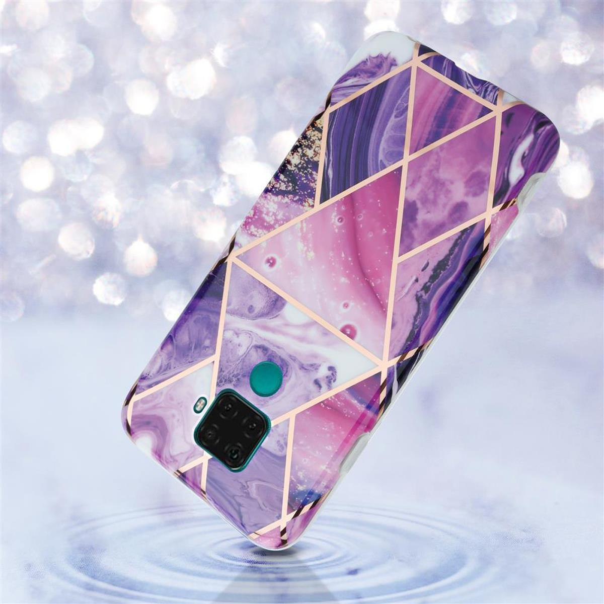 Una custodia per telefono con un motivo geometrico nei colori rosa, viola e oro. Il telefono è sull'acqua.