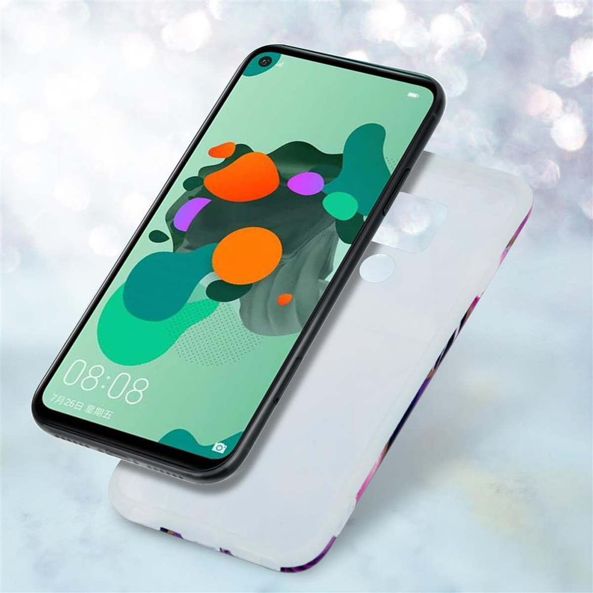 Un telefono e la sua custodia. Lo schermo del telefono mostra un'immagine verde e bianca.