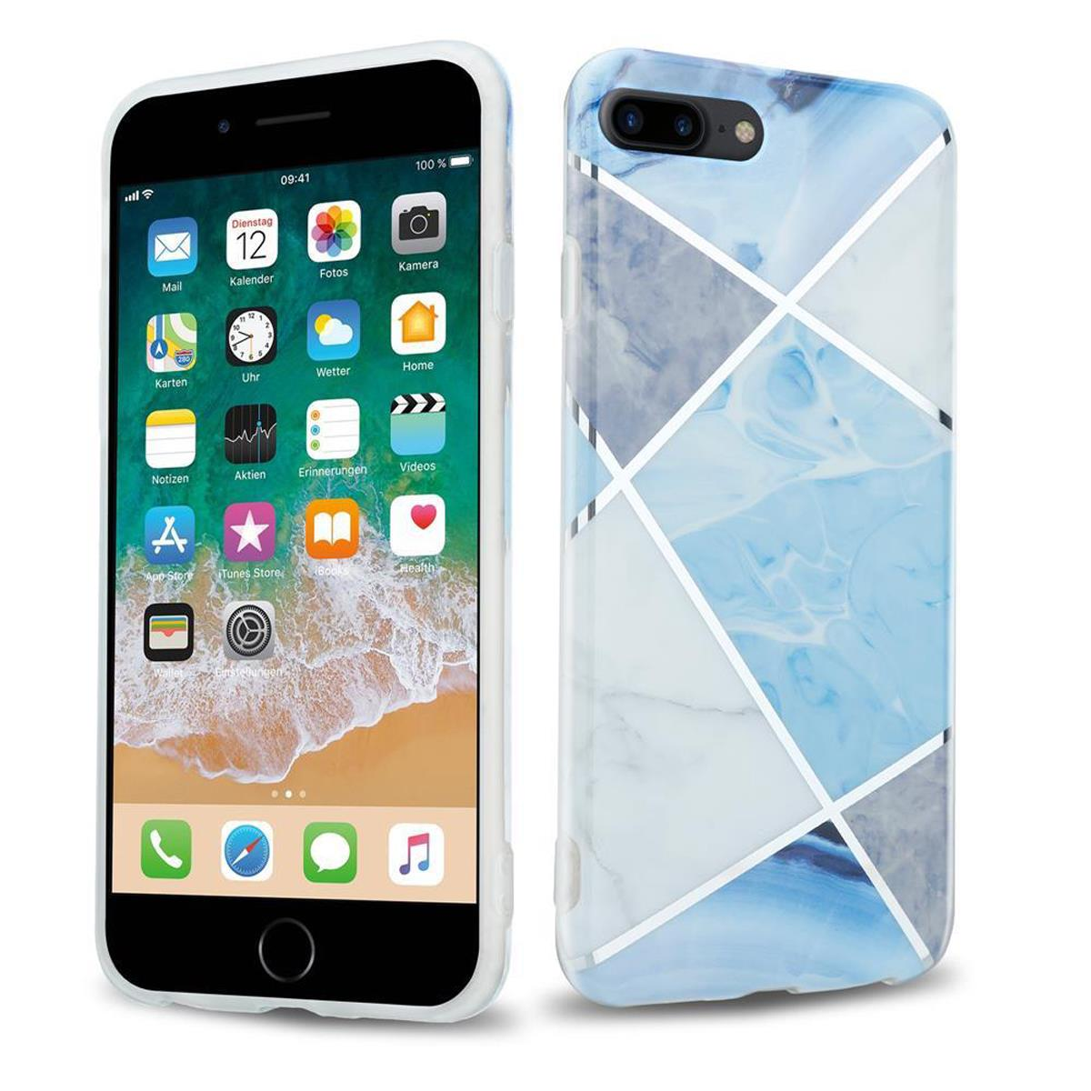 Ein Telefon mit Hülle rechts. Die Hülle hat ein blaues Marmormuster, das Telefon ist links.