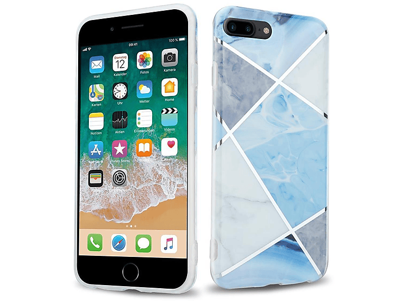 CADORABO Hülle IMD TPU Bunter Marmor, Backcover, Apple, iPhone 7 PLUS / 7S PLUS / 8 PLUS, Blau Weiß Grau Marmor No. 2