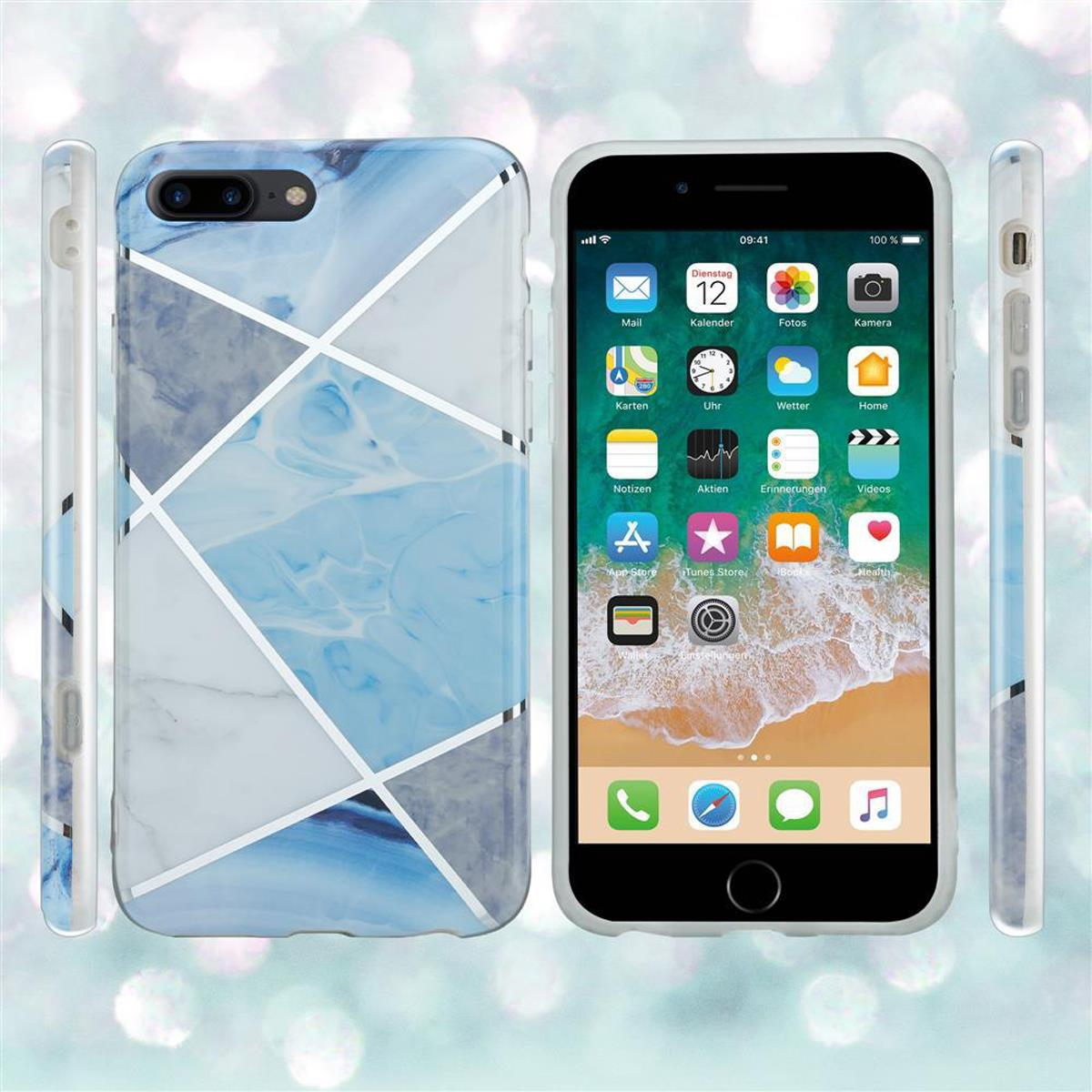 Handyhüllen mit Marmordesign in Hellblau und Weiß mit einem Telefon rechts.