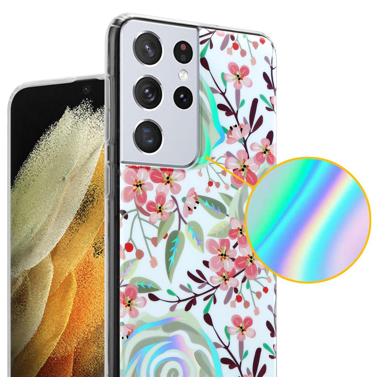 PFIRSICHBLÜTEN S21 CADORABO Samsung, ULTRA, Hülle TPU Galaxy Blumen Backcover, Bunte & IMD Blätter,