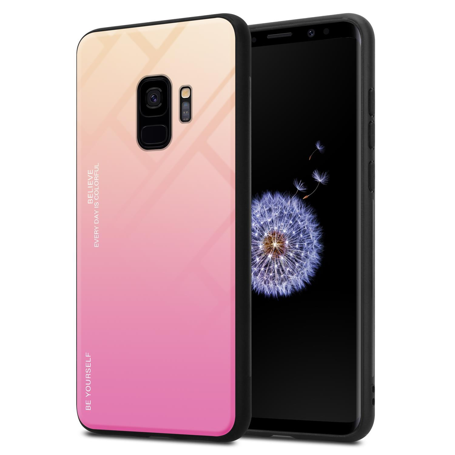 Custodia per telefono con sfumatura rosa e gialla. A destra, un telefono con un'immagine di soffione.