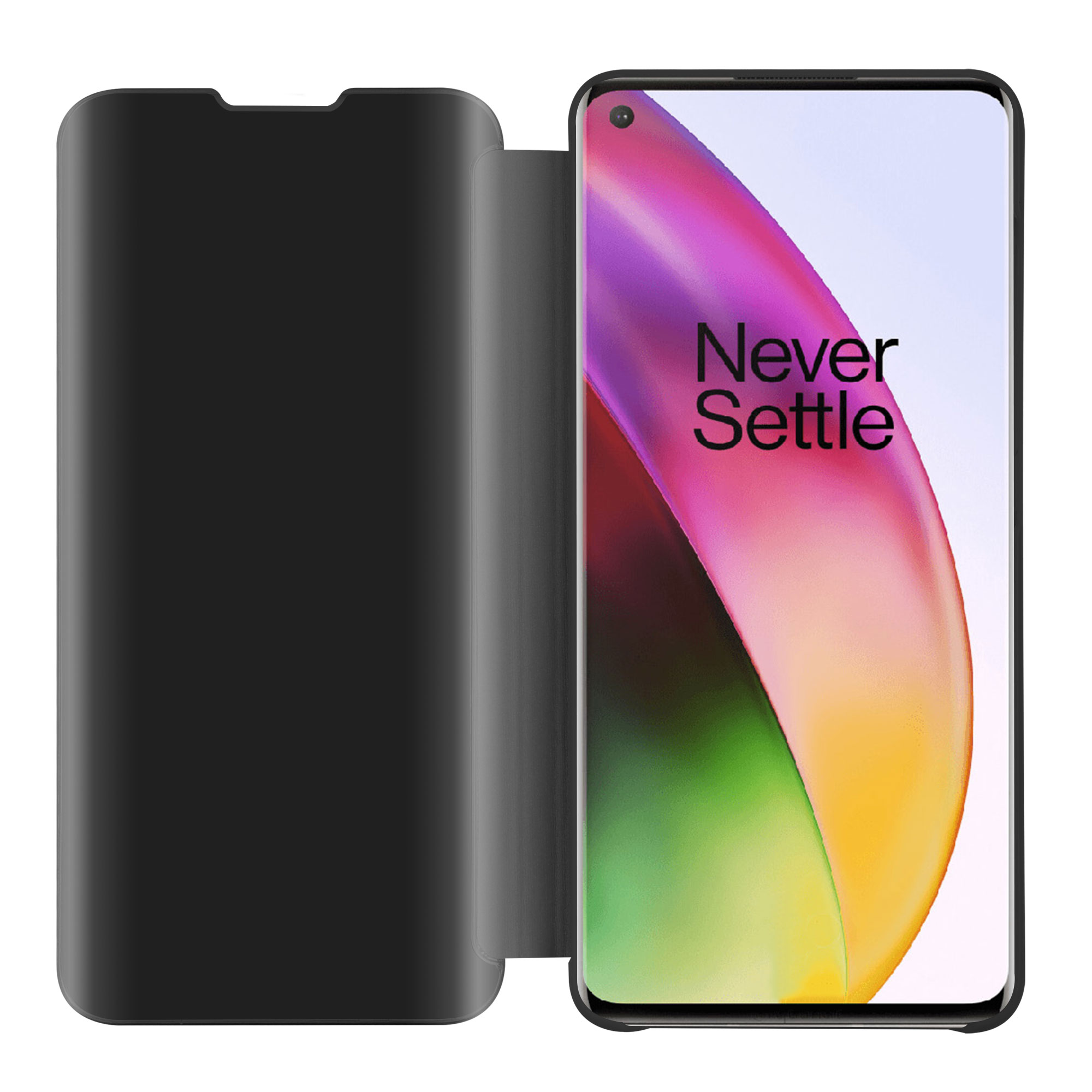 Telefono nero in una custodia a libro. Lo schermo mostra il testo 'Never Settle' davanti a uno sfondo colorato.