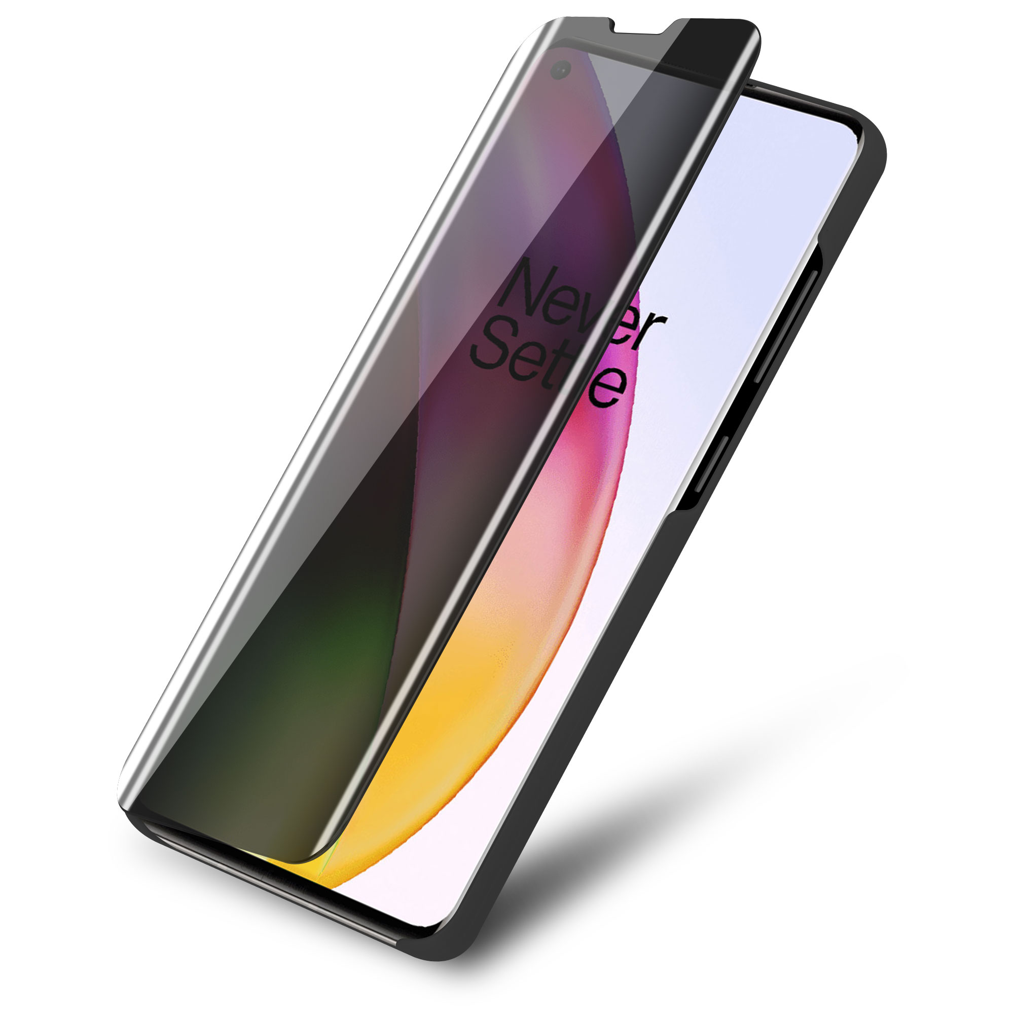 Un telefono con una protezione per lo schermo è angolato, viene applicata una pellicola per la privacy. La frase "Never Settle" è visibile.
