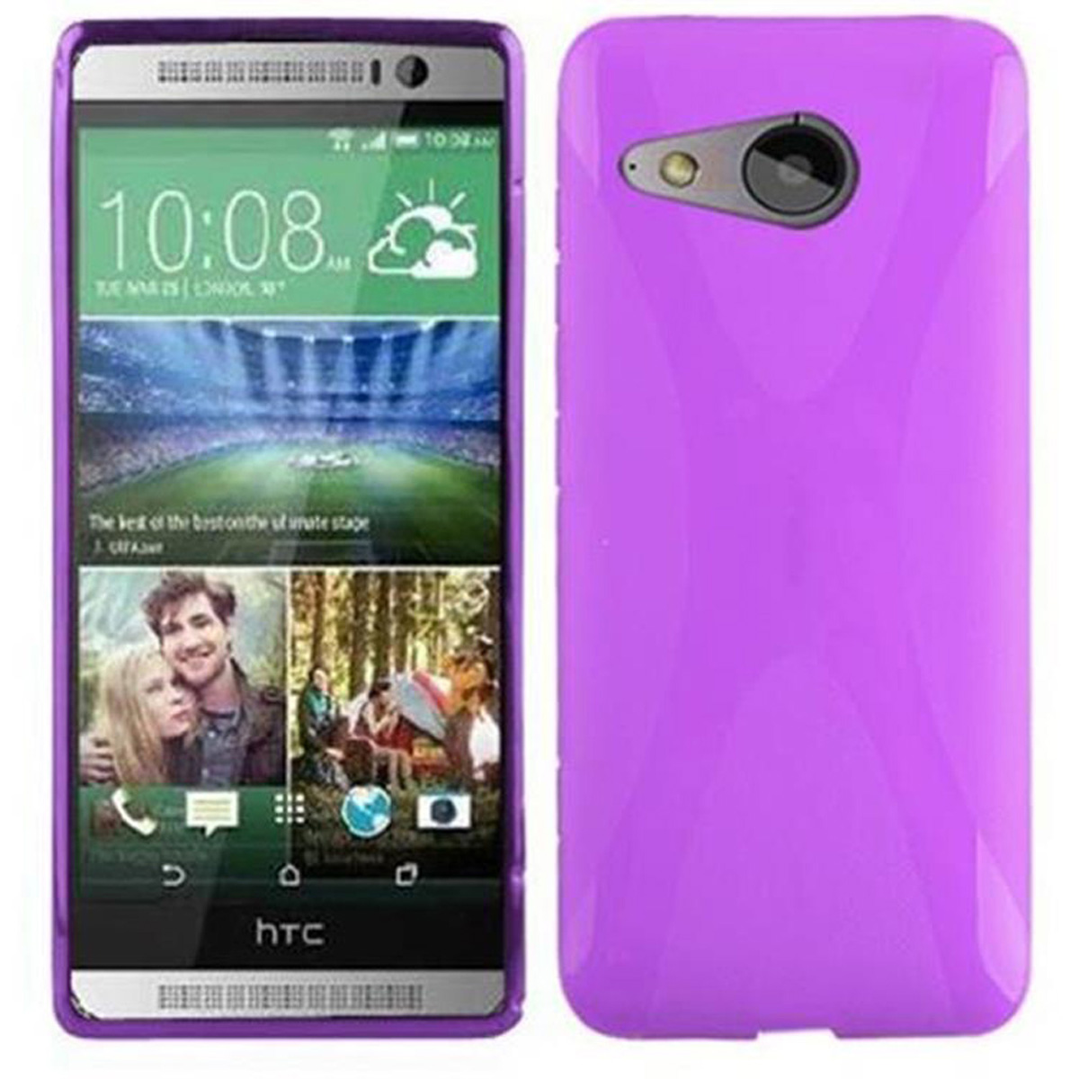 Teléfono morado con funda. El teléfono muestra la hora, la fecha y una foto de personas.