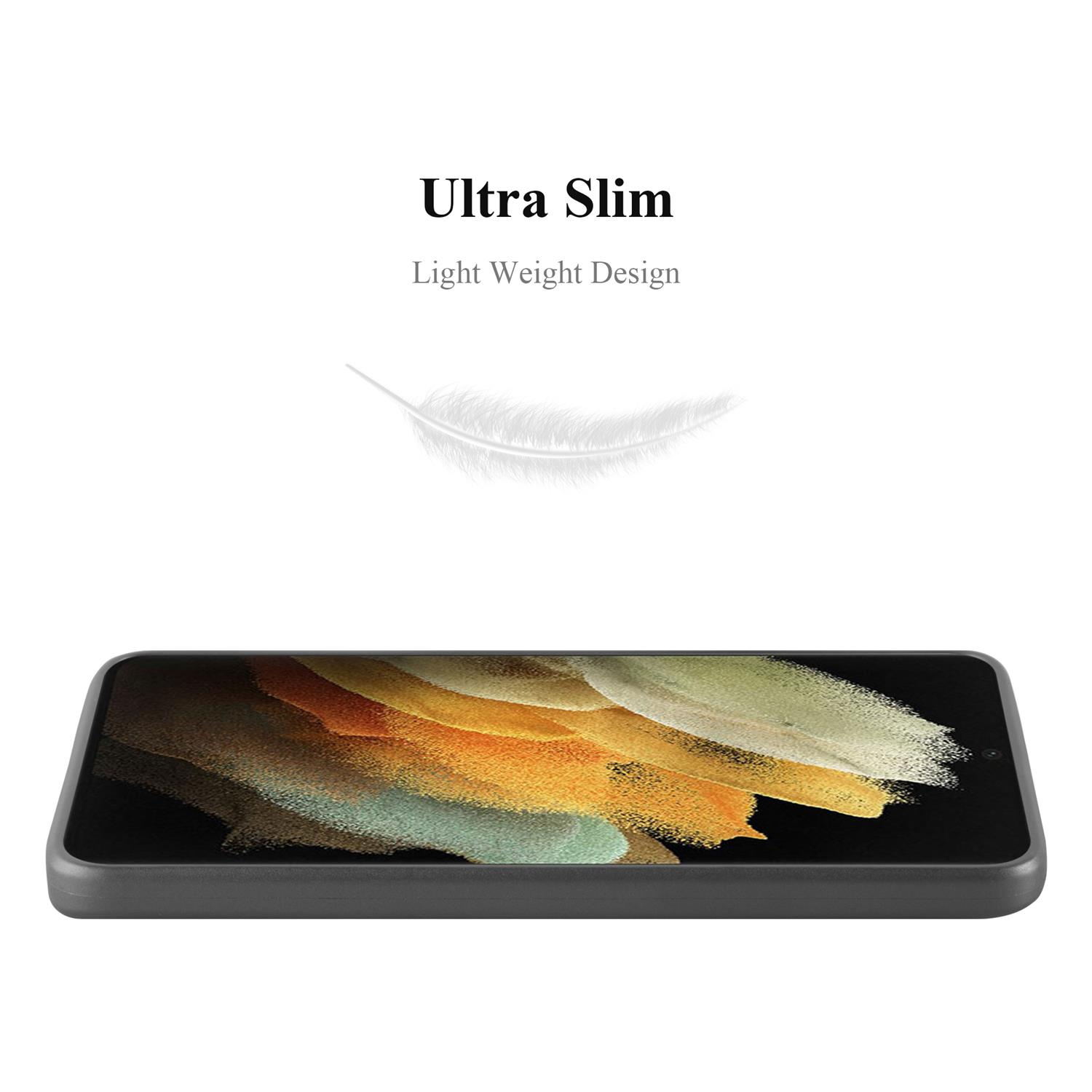 Una custodia nera è posizionata su uno sfondo bianco con una piuma sopra. Testo: Ultra Slim, Light Weight Design.