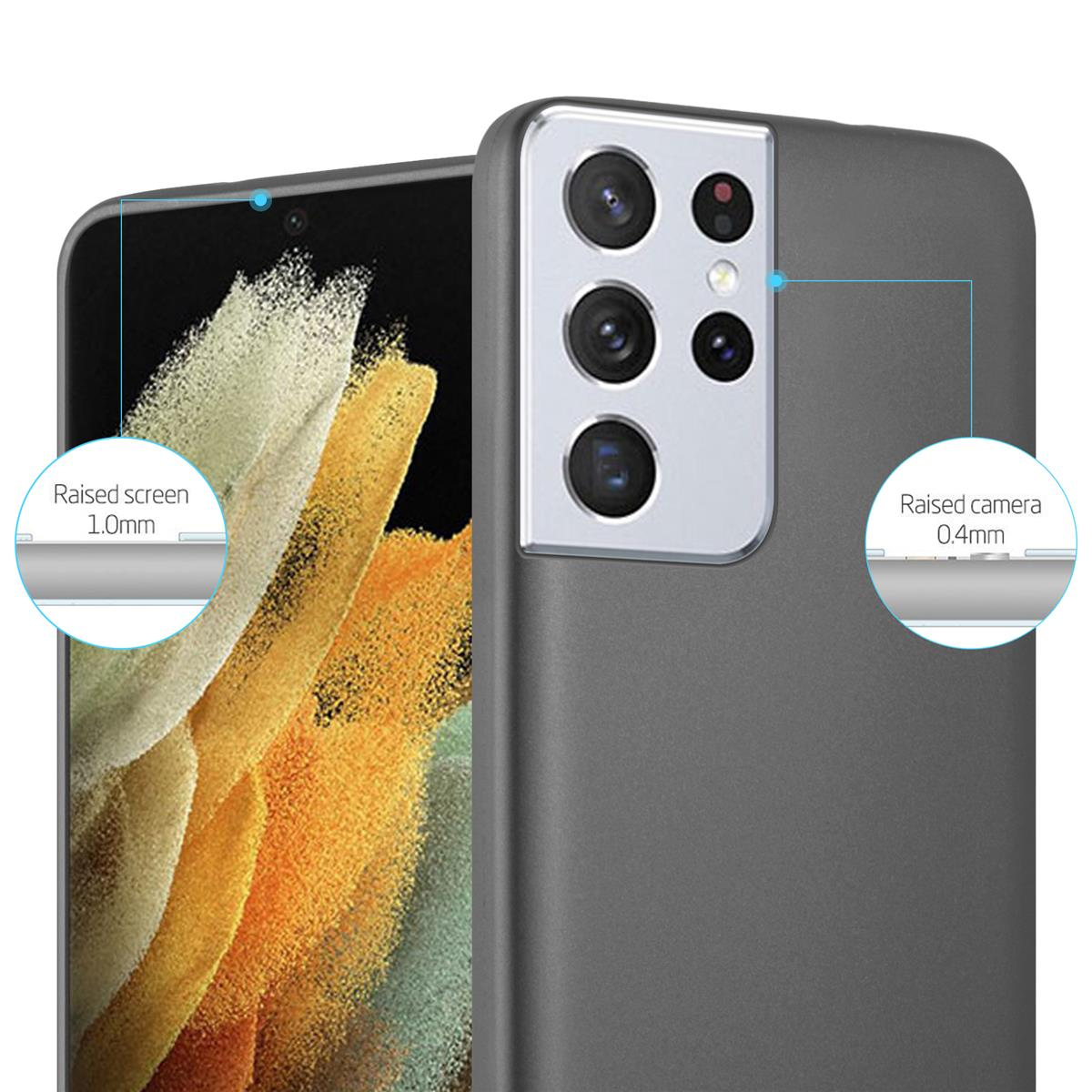 Una custodia per telefono grigia con un telefono. Il testo evidenzia lo schermo e la fotocamera rialzati. Lo sfondo è bianco.
