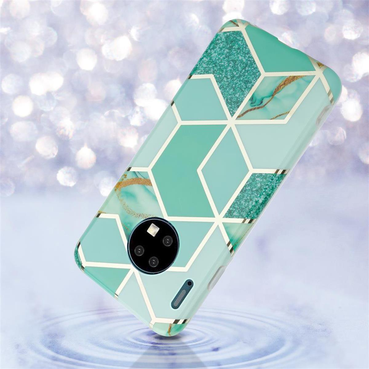 Custodia per telefono, design geometrico turchese su sfondo turchese chiaro. Accenti glitterati, gocce d'acqua.