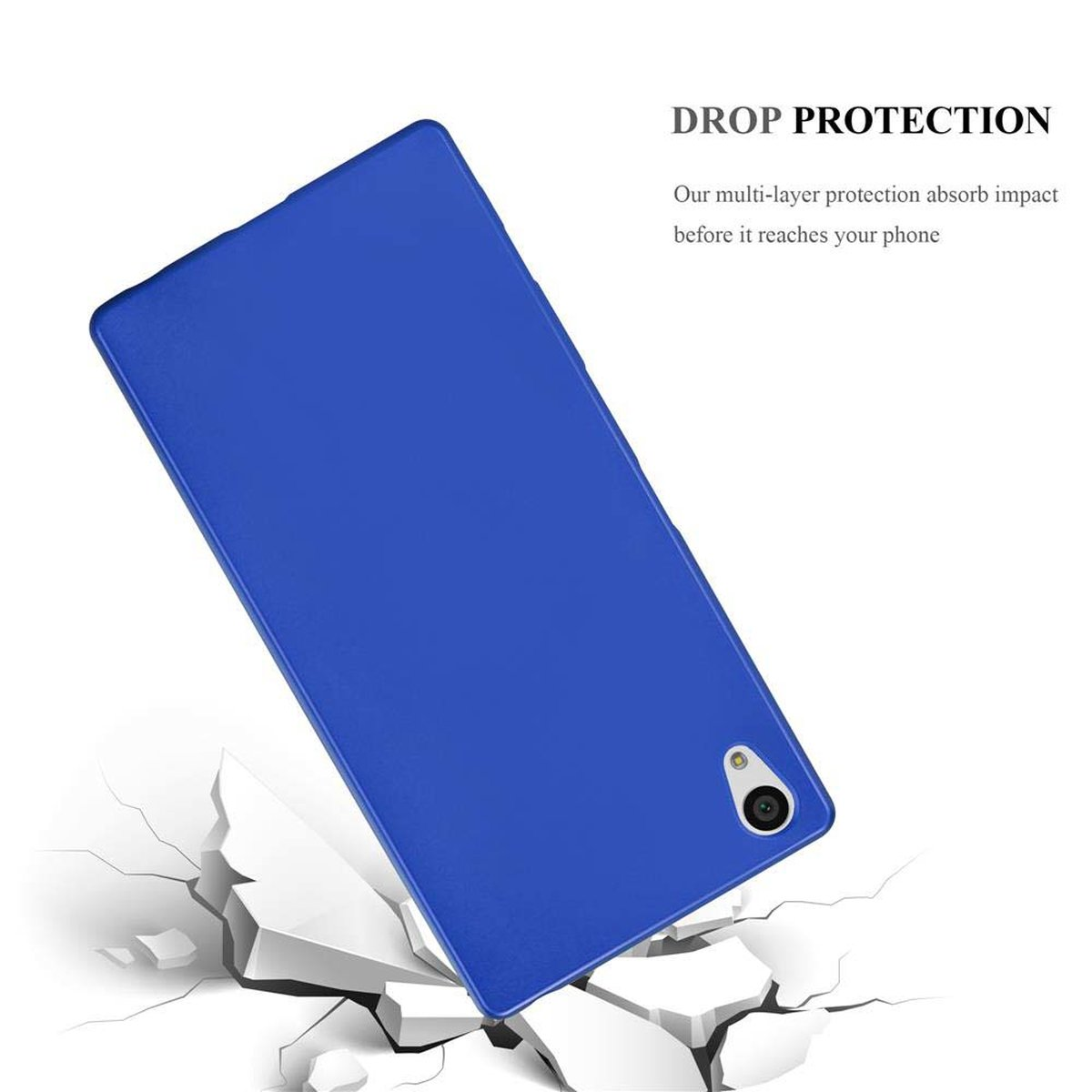 Custodia blu su superficie bianca, terreno incrinato, testo 'Drop Protection' sopra la custodia.