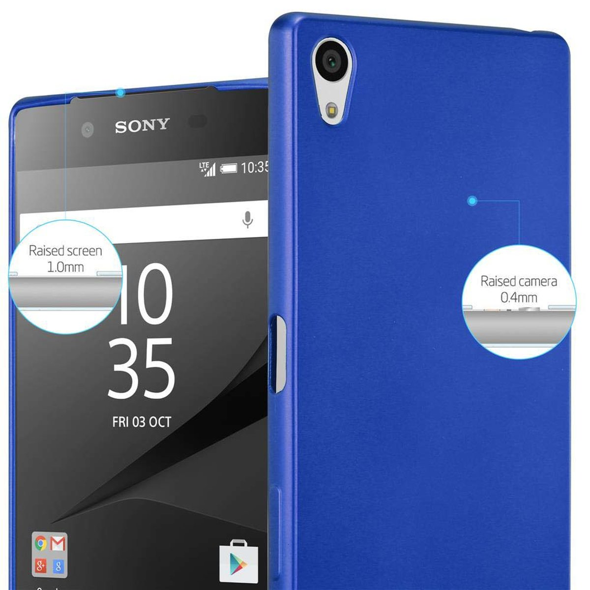 Telefono blu, un telefono con schermo e custodia blu. Lo schermo mostra SONY e un orologio.