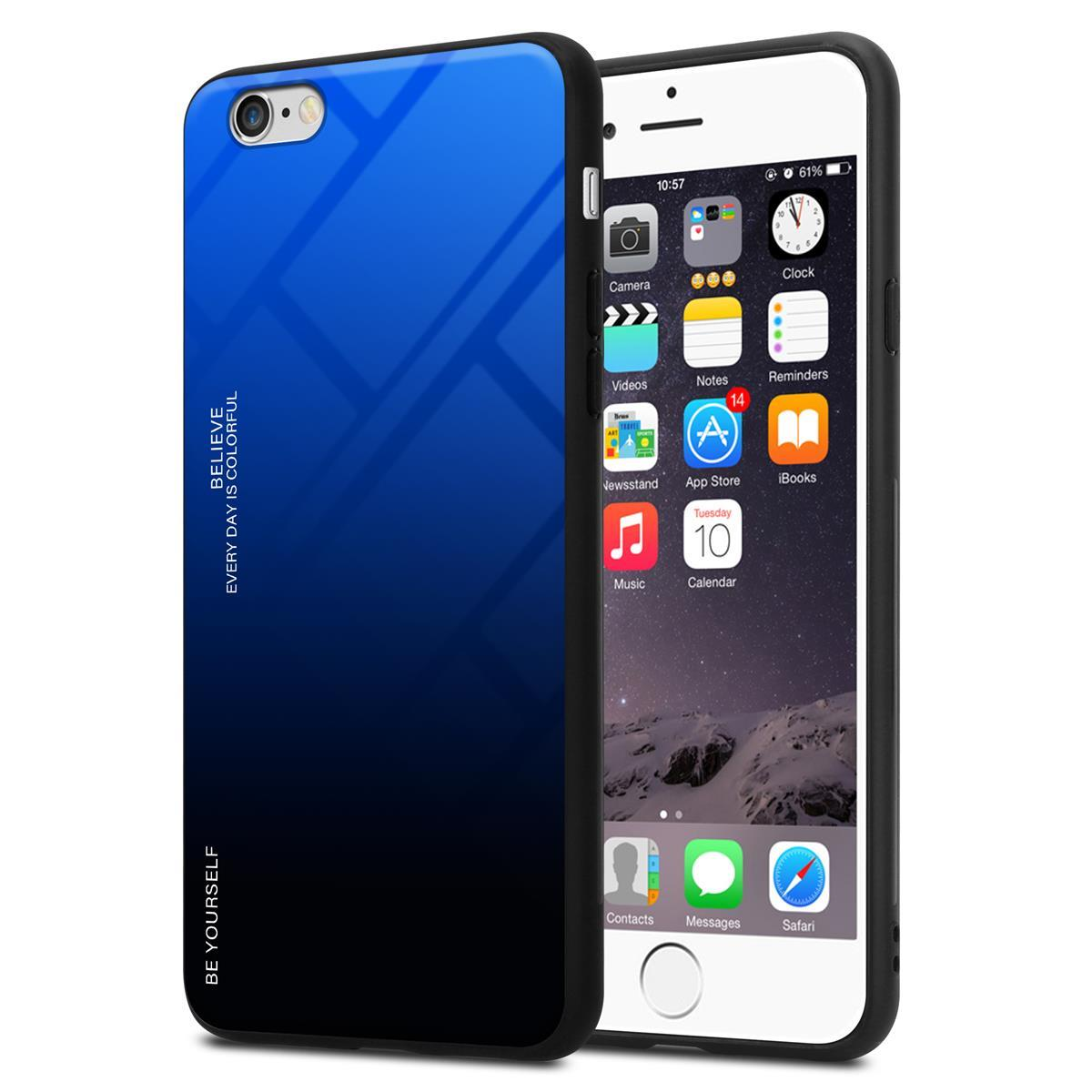 Un teléfono en una funda azul y negra. Tiene las palabras "BE YOURSELF".