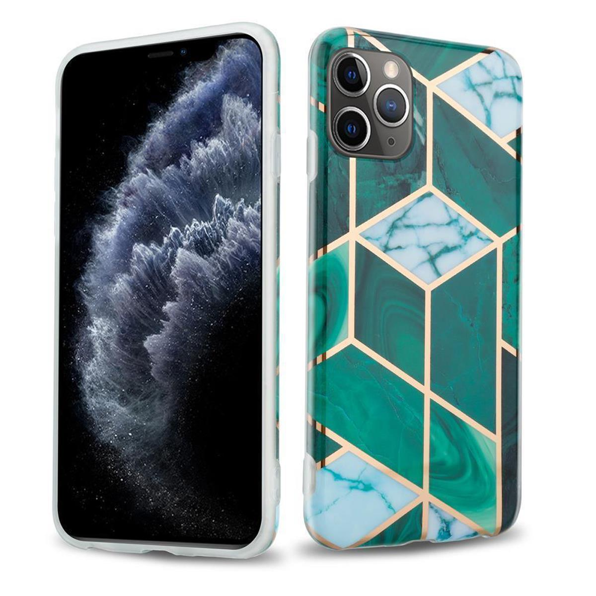 Due telefoni: uno acceso, che mostra nuvole, l'altro una custodia verde con un design geometrico dorato.
