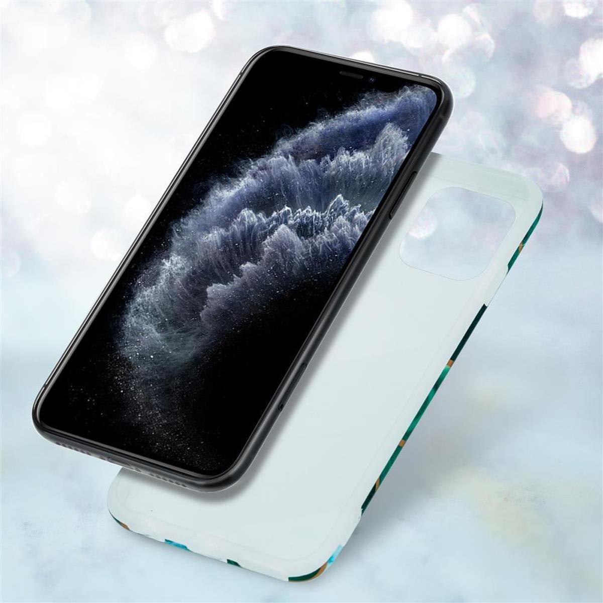 Telefono e custodia su sfondo bianco. La custodia ha un design, il telefono ha uno schermo nero.