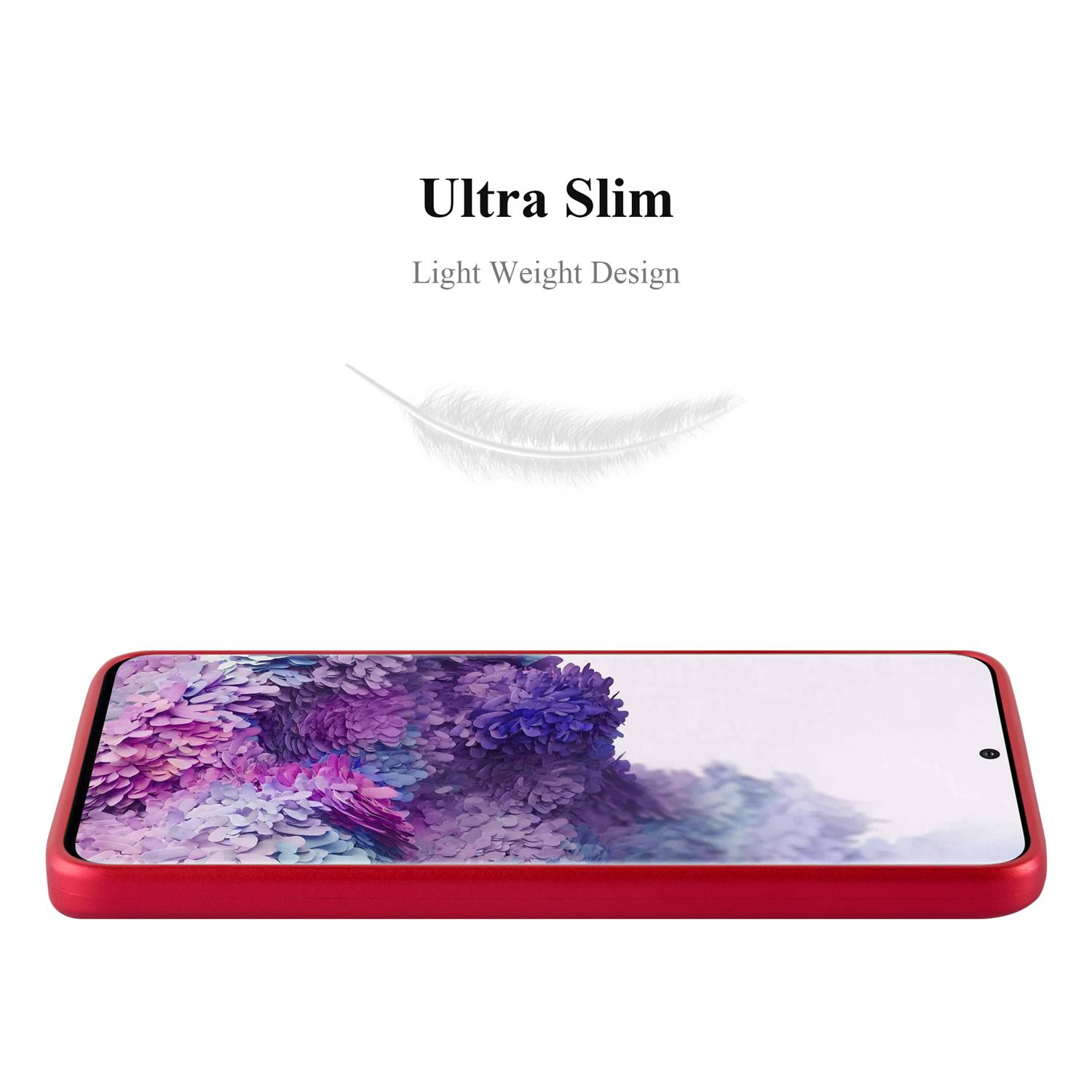 Custodia rossa per telefono con testo 'Ultra Slim'. Sfondo bianco.