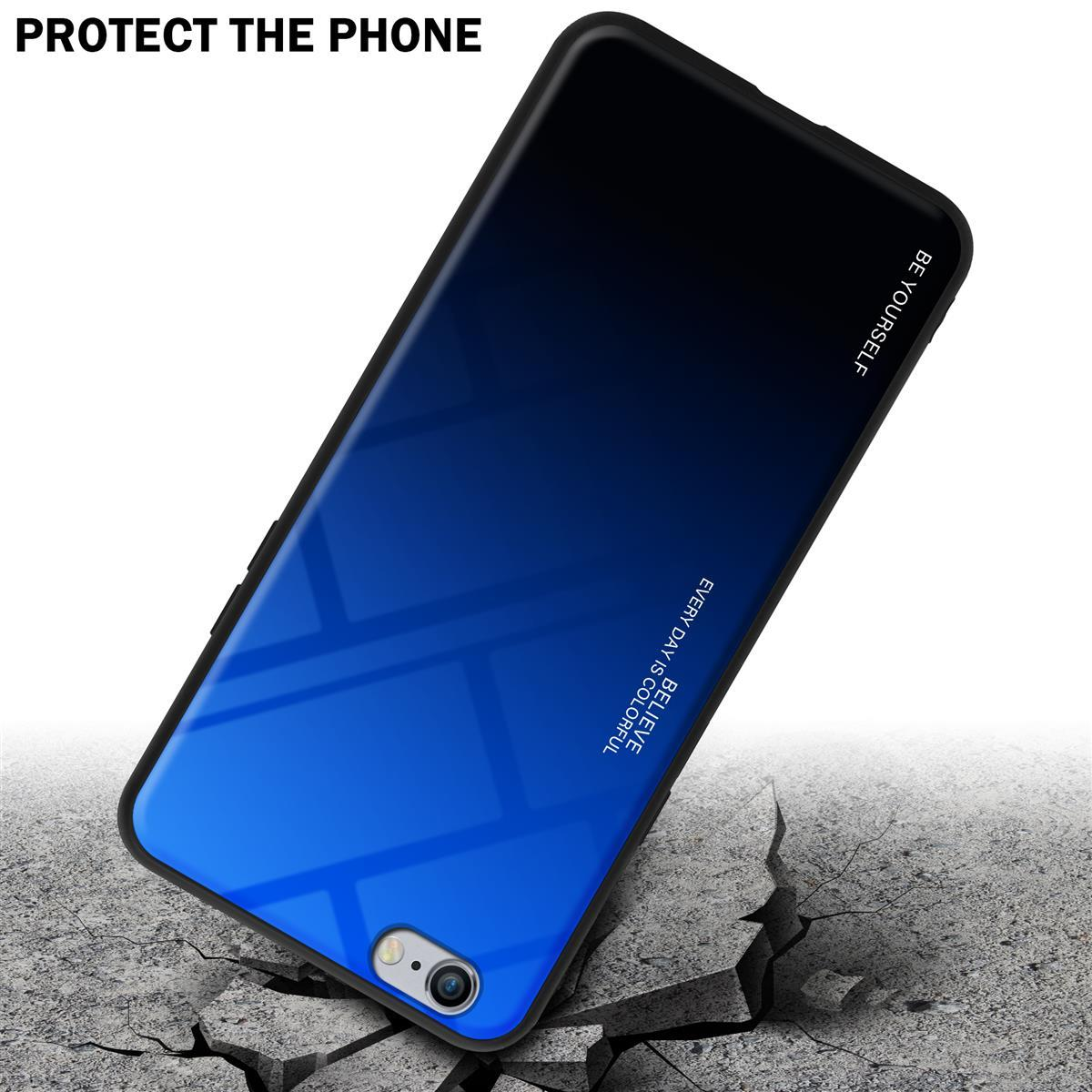 Custodia per telefono con sfumatura blu-nera. La custodia è su una superficie di cemento crepata.