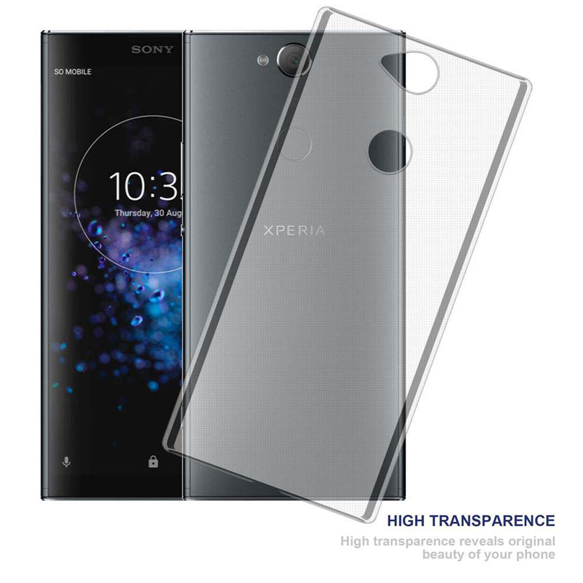 Transparente Handyhülle über einem schwarzen Sony-Telefon, die hohe Transparenz hervorhebt.