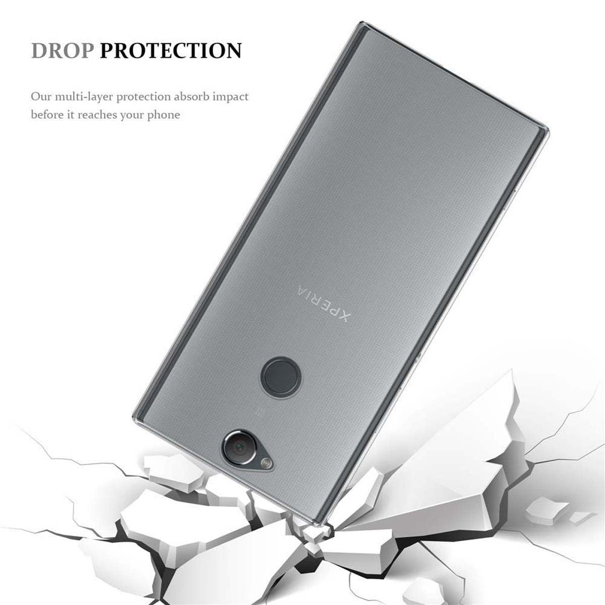 Eine transparente Handyhülle wird mit einem Telefon im Inneren gezeigt. Die Hülle scheint das Telefon vor Beschädigungen zu schützen.