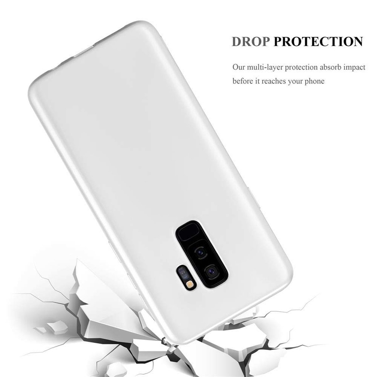 Weiße Handyhülle. Sie fällt und der Boden reißt. Text: DROP PROTECTION. Unser Mehrfachschutz.