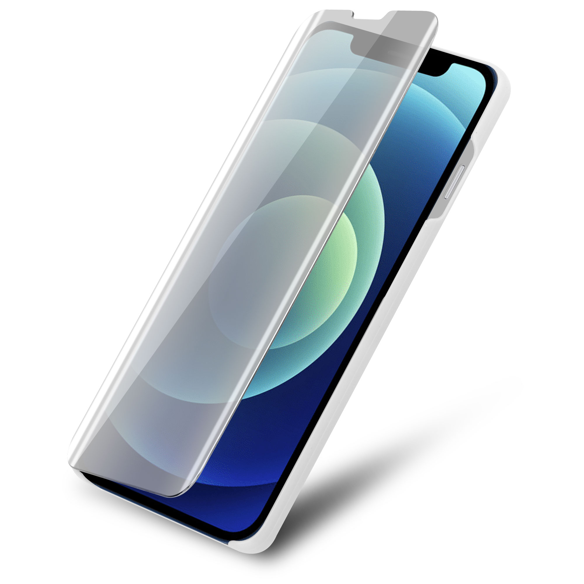 Weiße Handyhülle mit hochgezogenem Displayschutz. Telefon mit weißer Hülle, blauem Bildschirm.