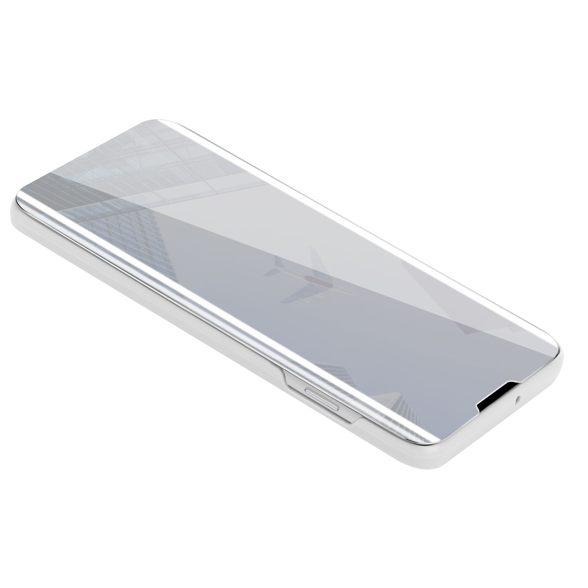 Telefon in einer Hülle. Die Telefonoberfläche ist reflektierend. Die Hülle ist weiß.