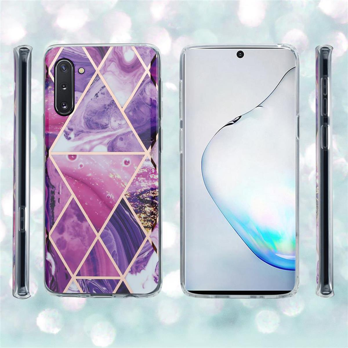 Custodia per telefono con design geometrico viola, accanto a un telefono con custodia trasparente.