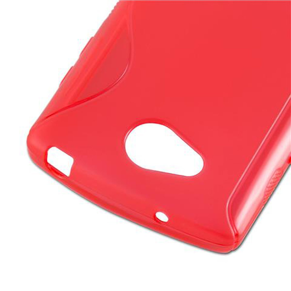 Una custodia per telefono rossa con ritagli per la fotocamera e altre funzioni.