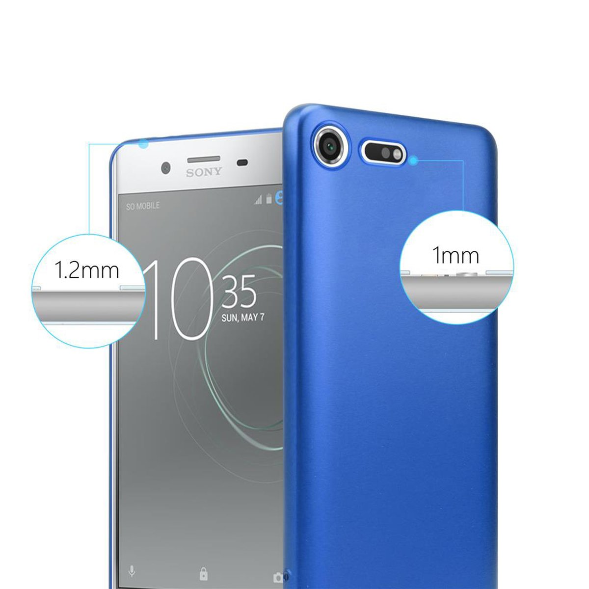Un telefono e una custodia blu. Testo: spessore 1,2 mm, spessore 1 mm.