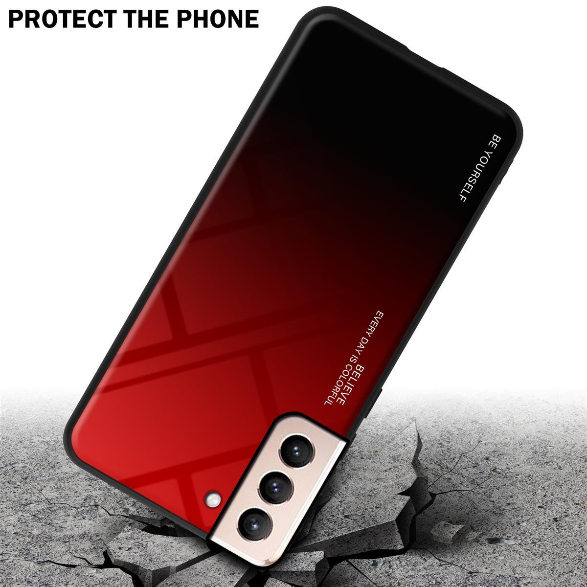 Un telefono in una custodia rossa e nera, su una superficie crepata. La custodia ha fotocamere.