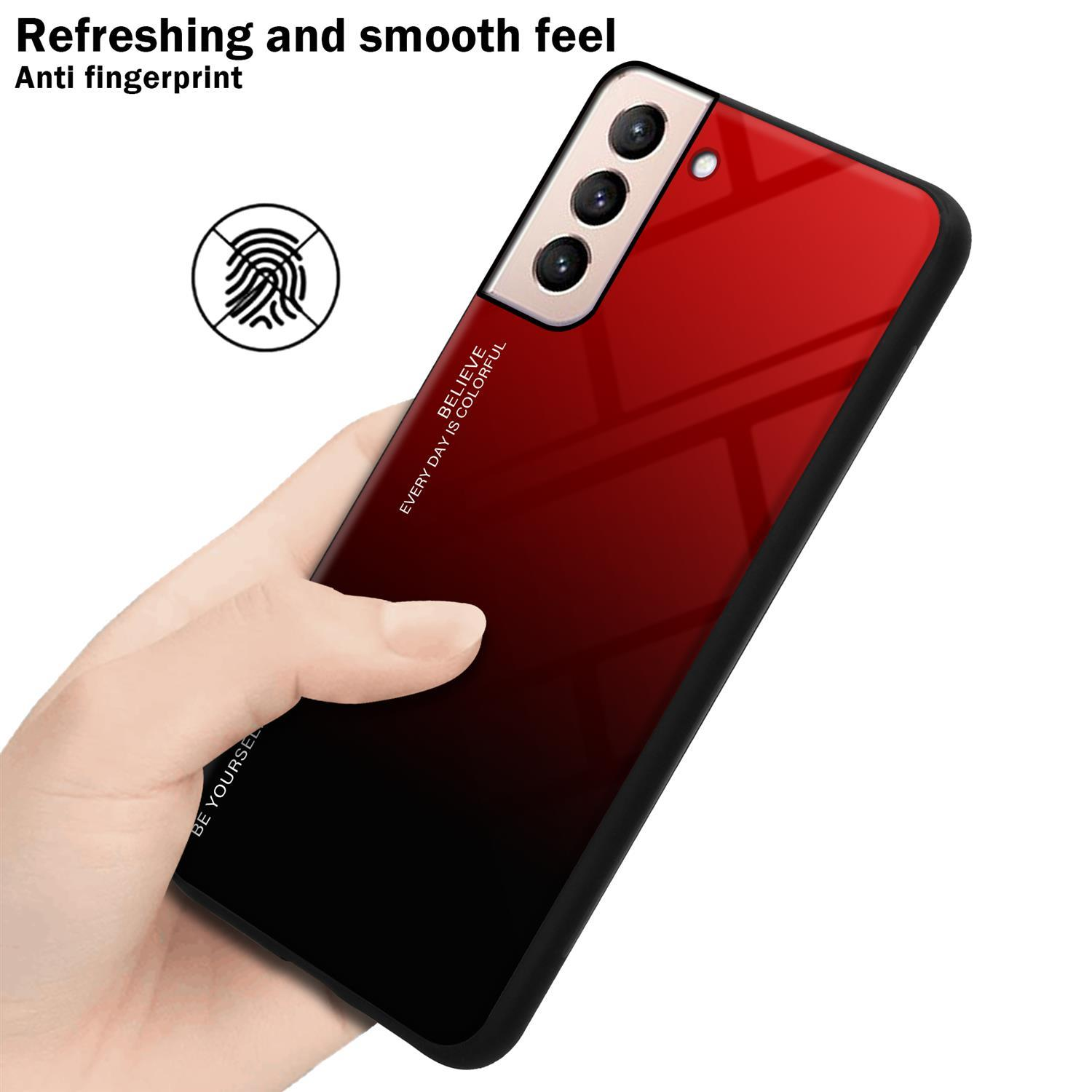Una mano che tiene un telefono sfumato rosso e nero con una custodia nera. Viene mostrata un'icona di impronta digitale.