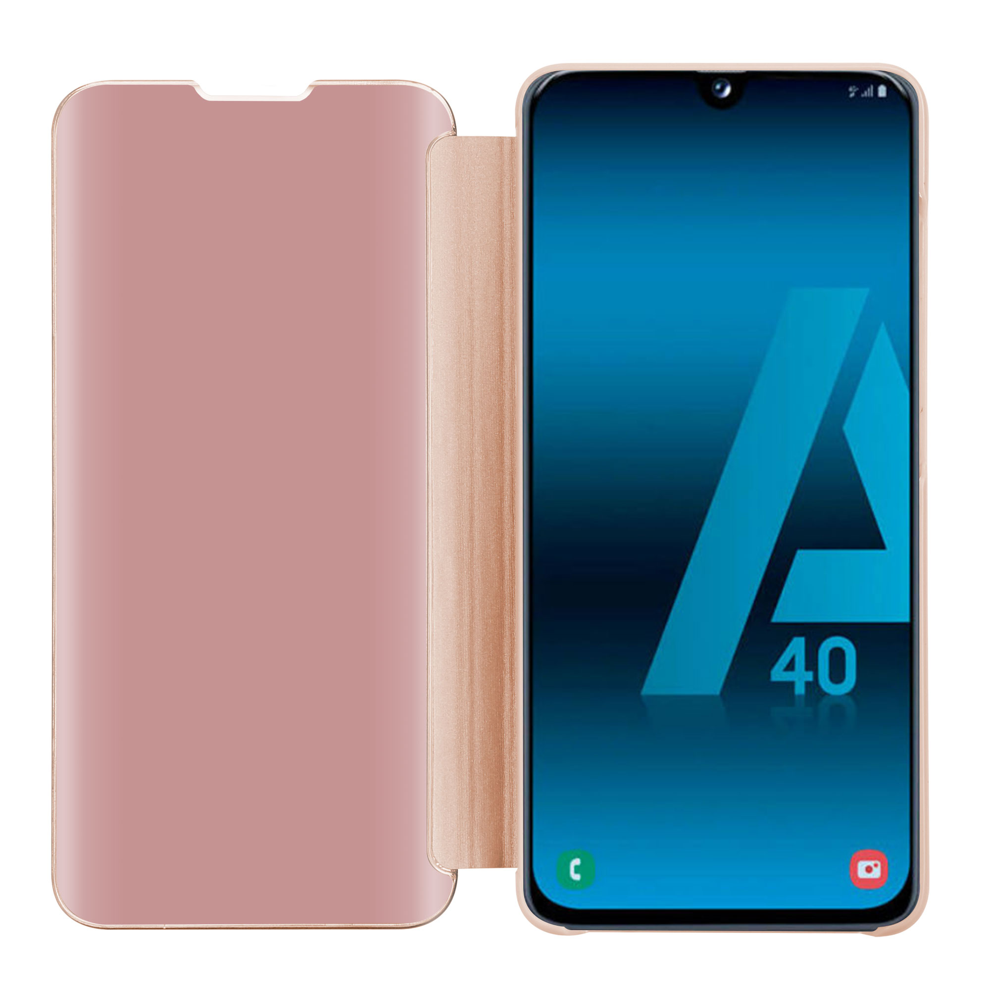 Custodia per telefono rosa, aperta, con un telefono che mostra uno schermo blu con il numero '40'.