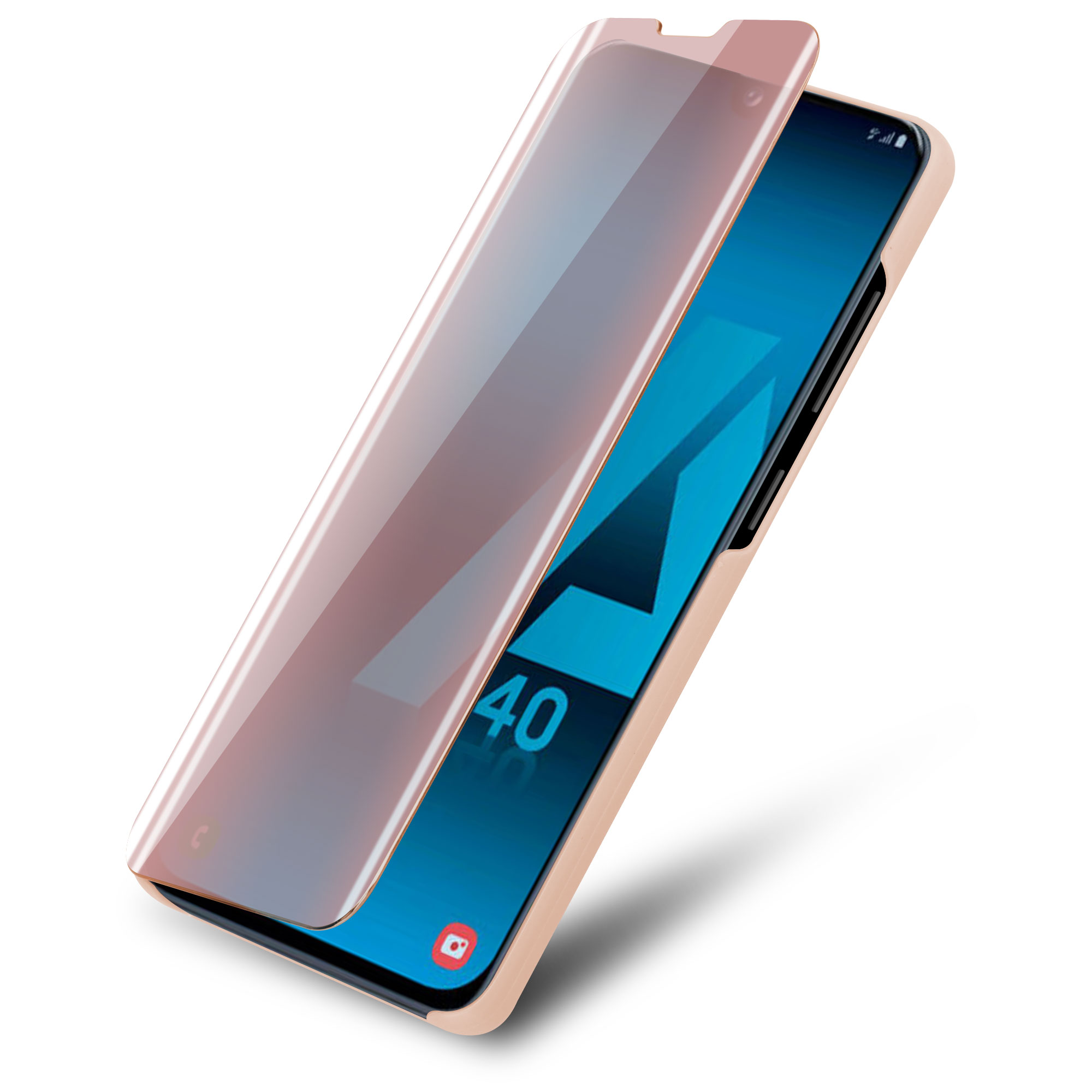 Telefono con protezione schermo e custodia oro rosa. Il telefono mostra uno schermo blu. Sfondo bianco.