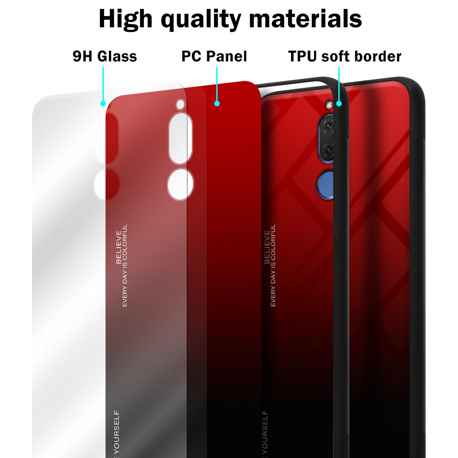 Handyhüllen-Schichten. Weiß, Rot und Schwarz. Text: 'Hochwertige Materialien'. Weißer Hintergrund.
