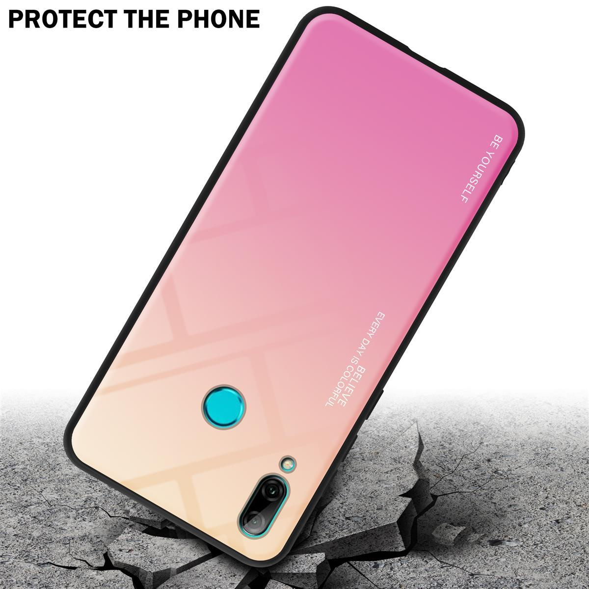 Pink-gelbe Handyhülle auf zerbrochenem Boden. Text: PROTECT THE PHONE. Handyhülle in der Luft.