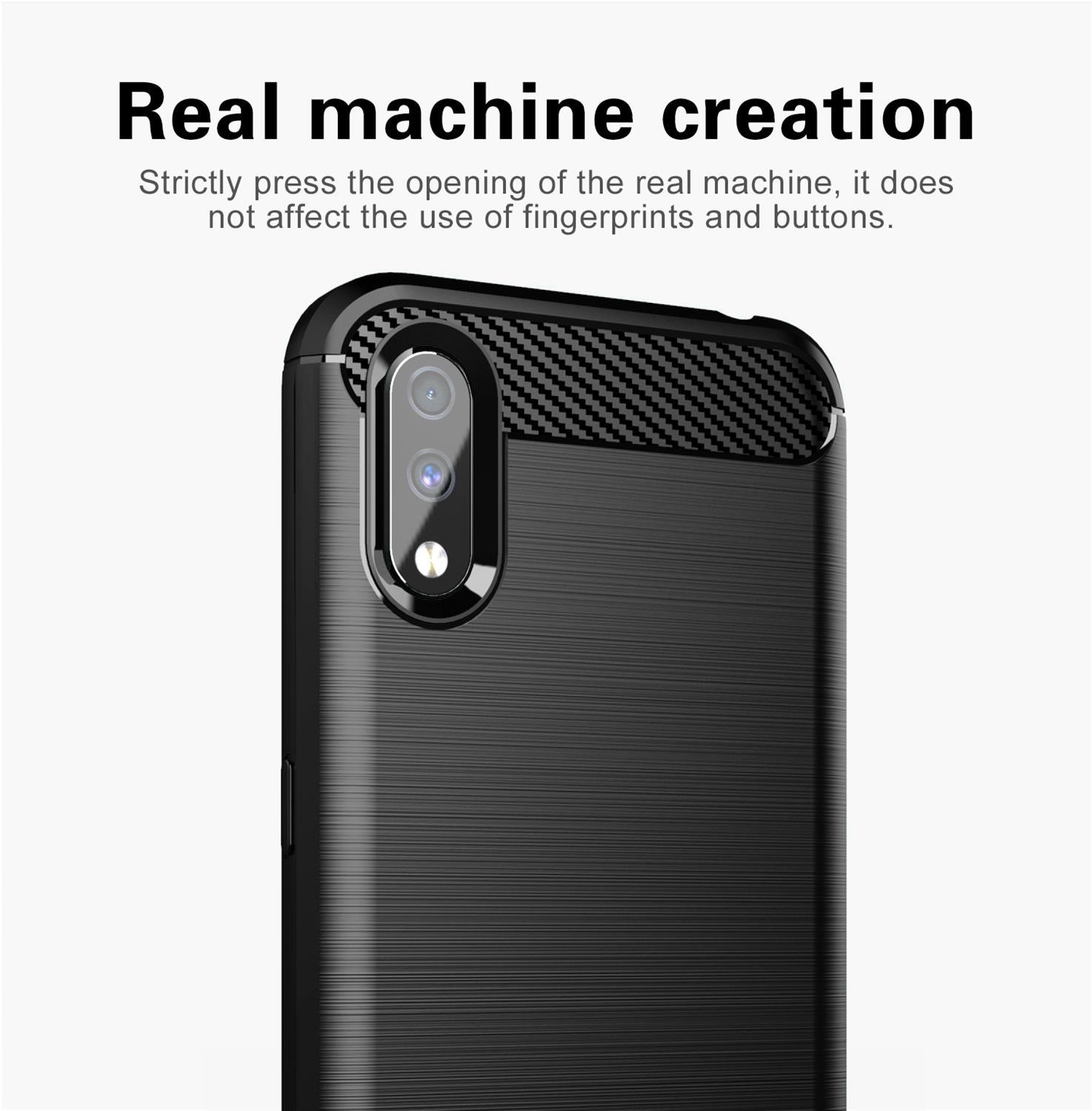 Una custodia per telefono nera con un design strutturato. La fotocamera è al centro.
