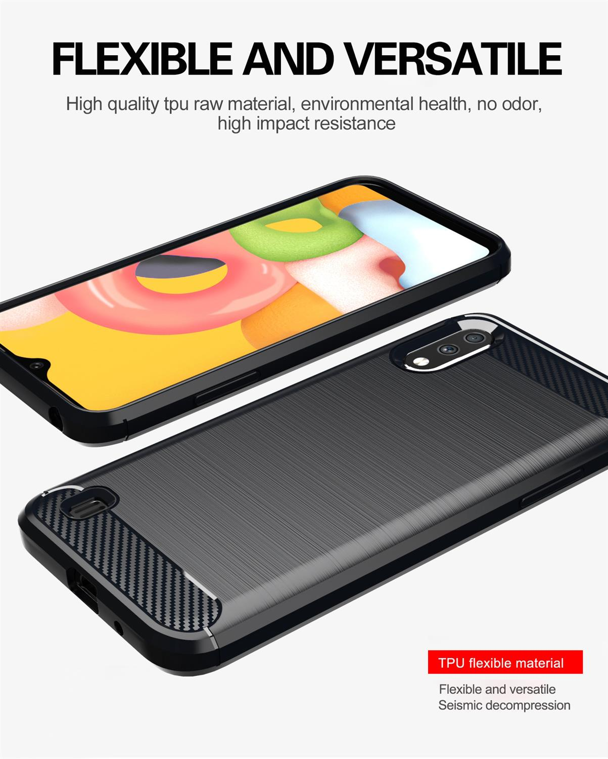 Due telefoni in custodia. Testo: FLESSIBILE E VERSATILE. Materiale grezzo in TPU di alta qualità, salute ambientale, elevata resistenza agli urti.