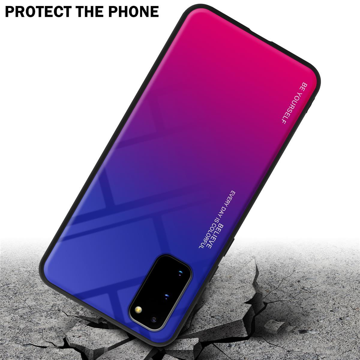 Custodia per telefono con gradiente rosa-blu, su terreno crepato.