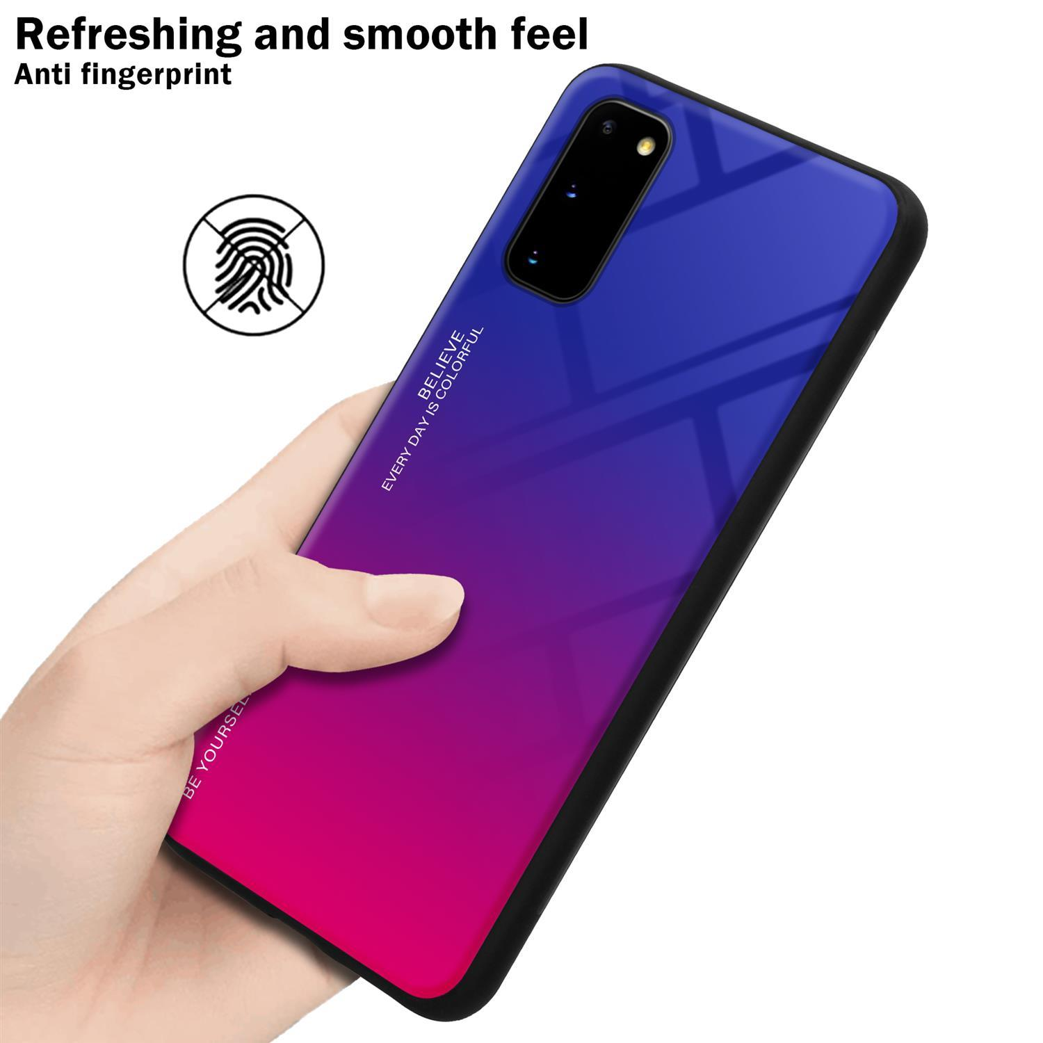Mano che tiene un telefono, il telefono ha una custodia sfumata viola e rossa.