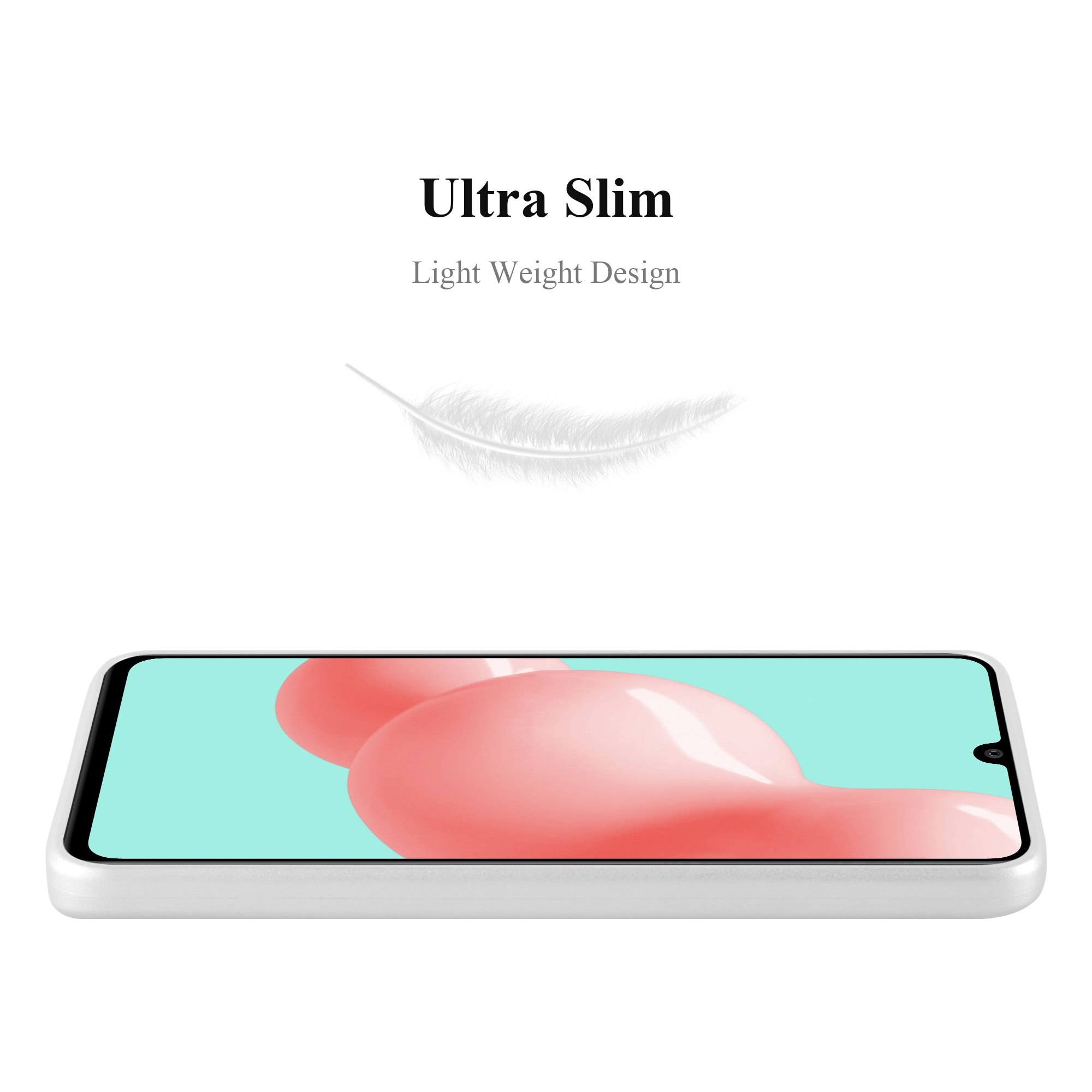Eine weiße Handyhülle mit einem Telefon darin. Ultraschlankes, leichtes Design mit einer Feder.