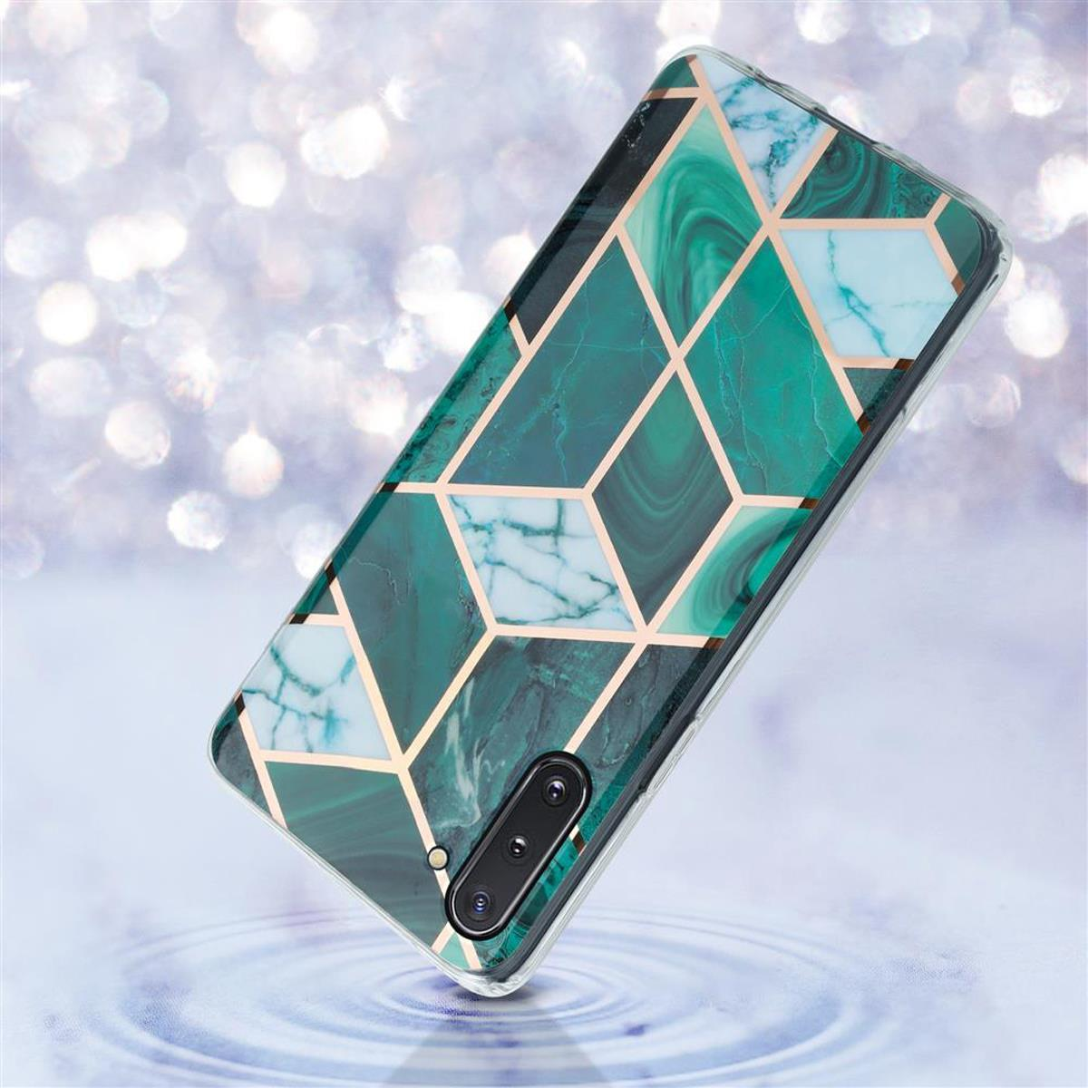 Custodia per telefono con design geometrico verde su sfondo bokeh. Accenti dorati.