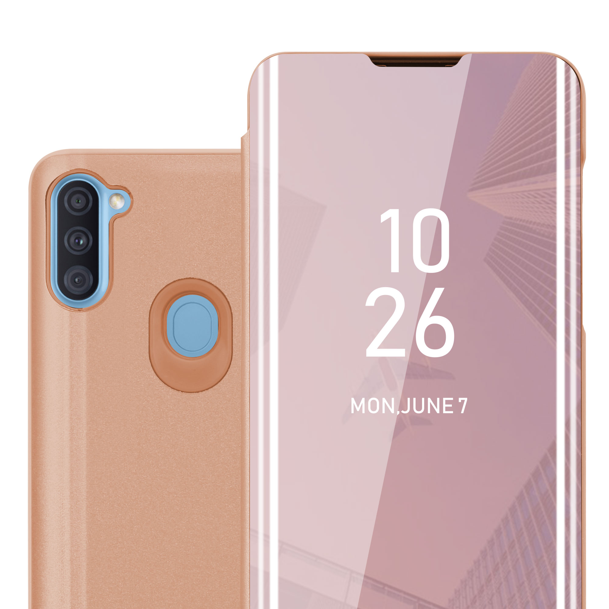 Telefono con custodia. La custodia è rosa. Il telefono mostra data e ora. Il telefono a destra è color pesca.