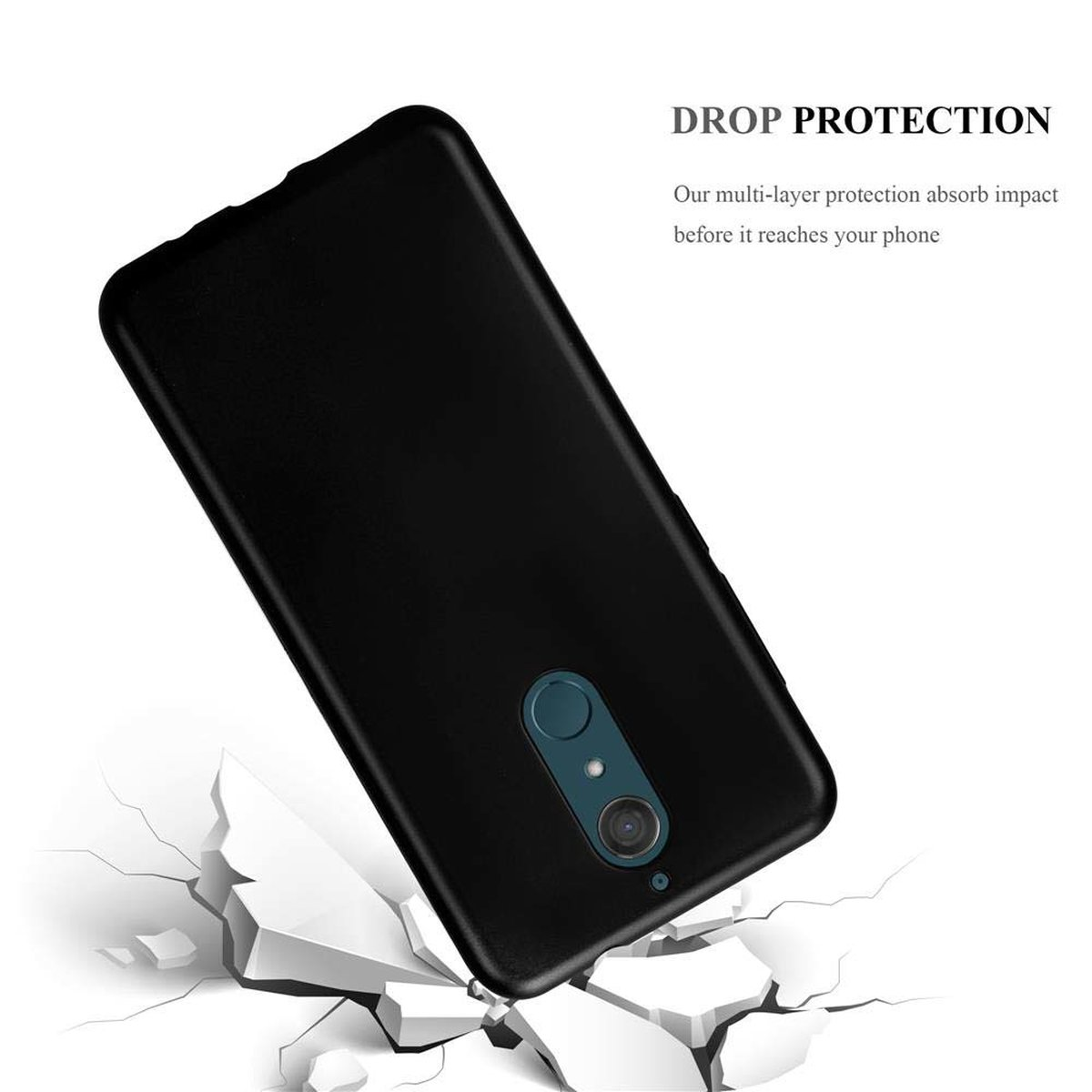 Schwarze Handyhülle mit einem auf einer zerbrochenen Oberfläche fallenden Telefon. Text: Fallschutz.