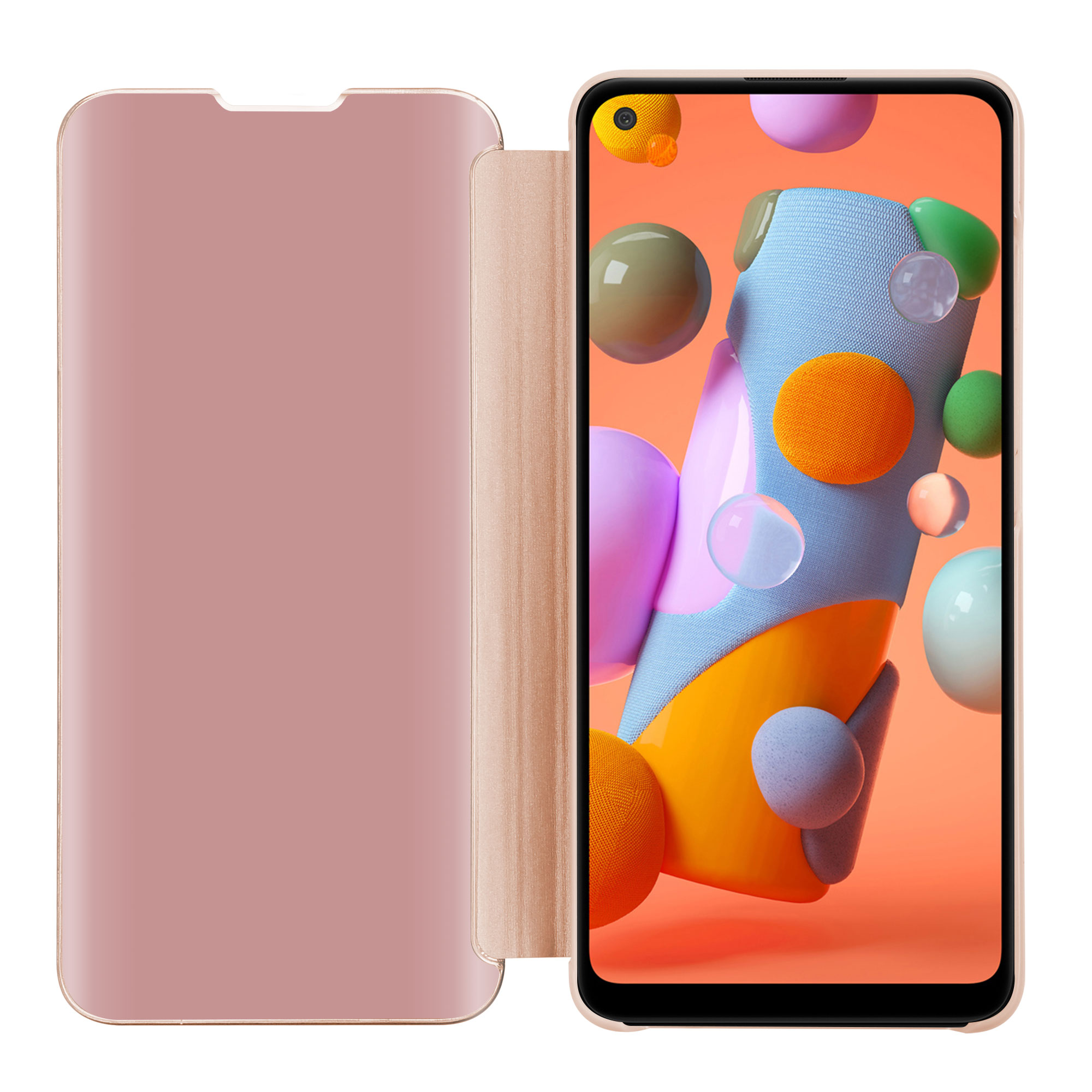 Custodia rosa aperta, mostra schermo telefono con forme astratte colorate.