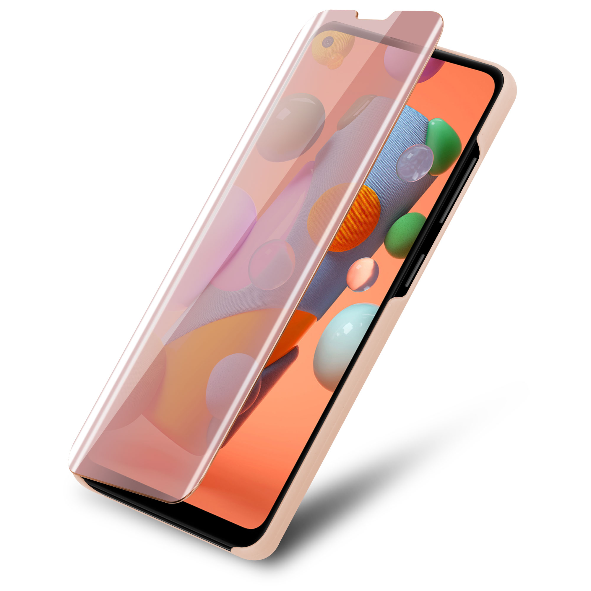 Un telefono in una custodia rosa con un proteggi schermo in fase di applicazione.