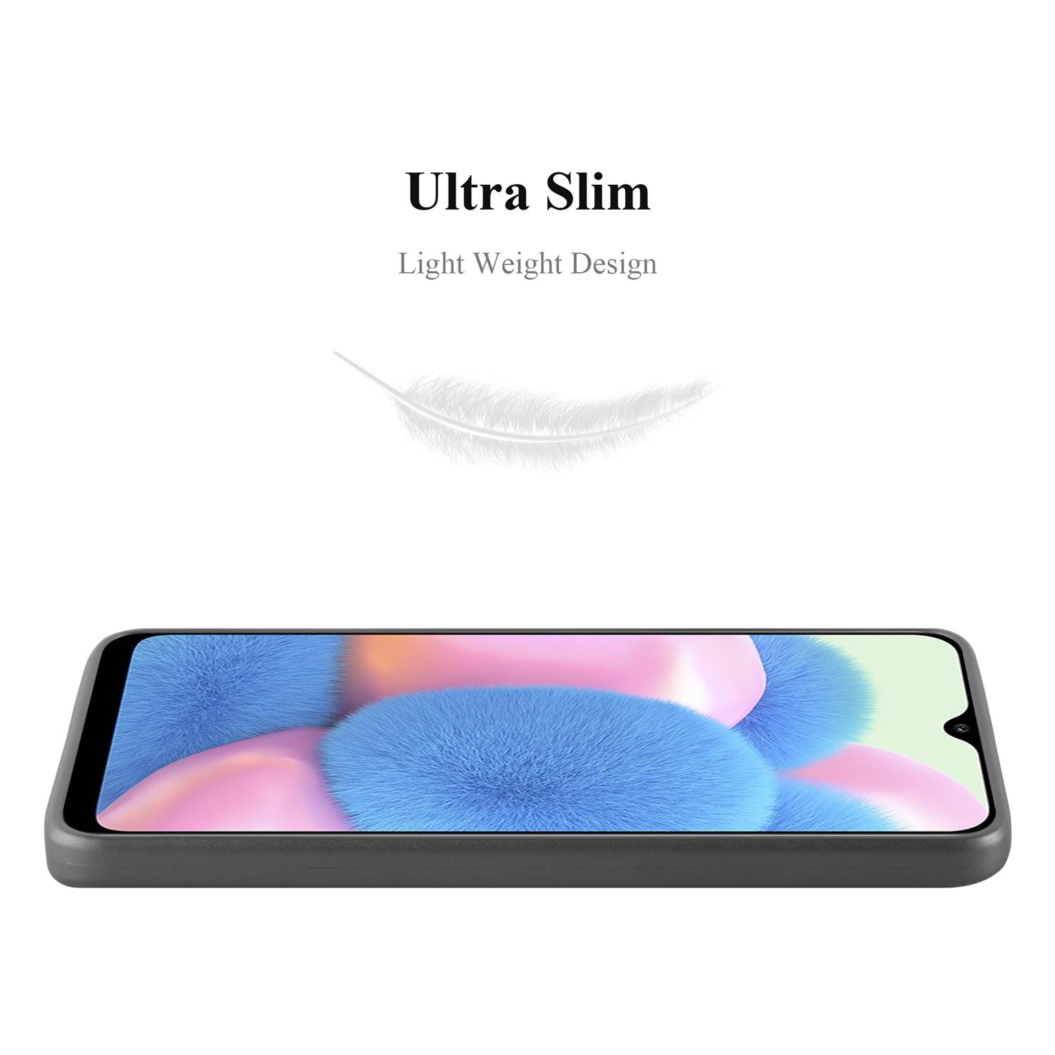 Un telefono nero poggia su una superficie bianca. Lo schermo mostra un'immagine colorata, con una piuma sopra.