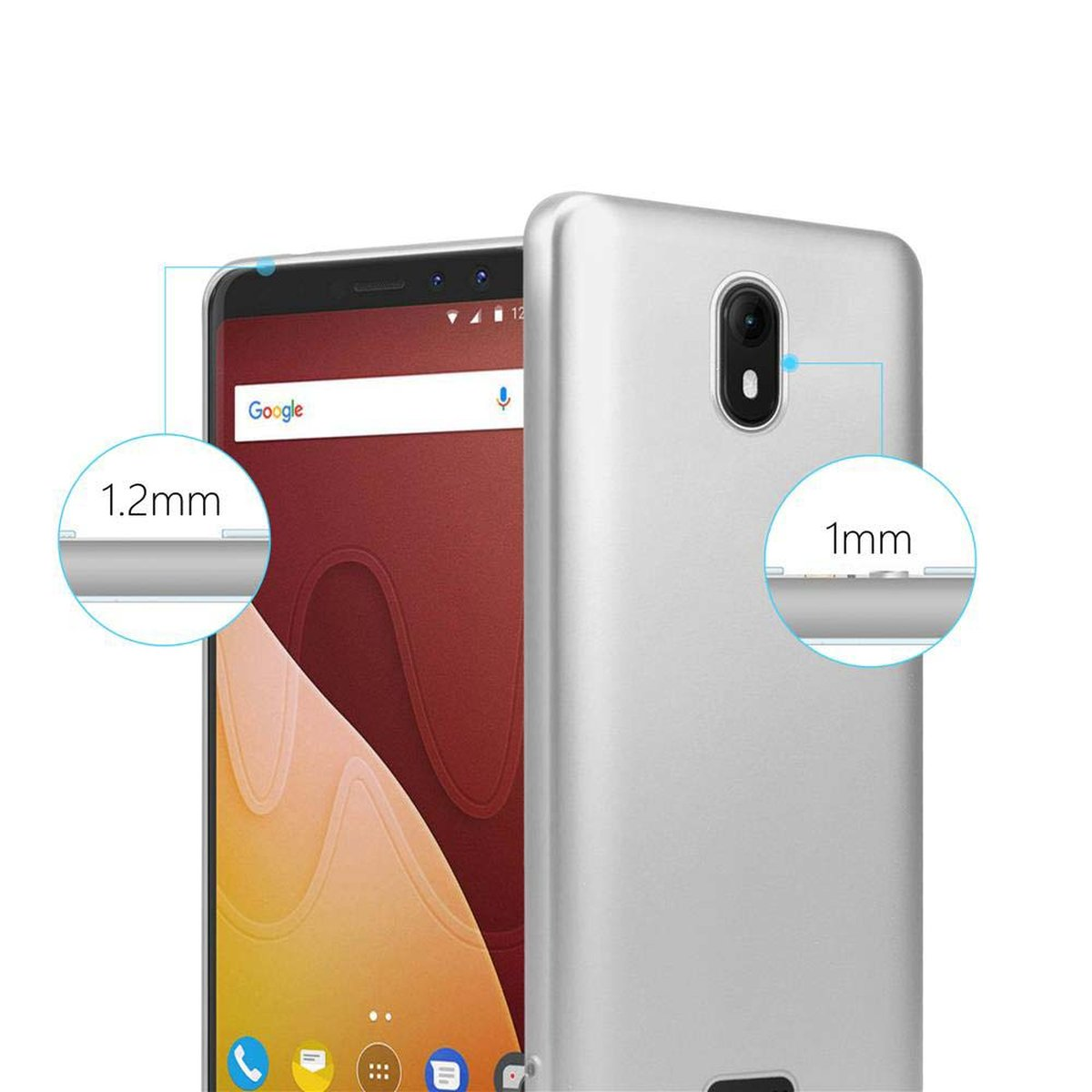 Due telefoni, uno con custodia, che mostra lo spessore. Il testo indica 1,2 mm e 1 mm di spessore.