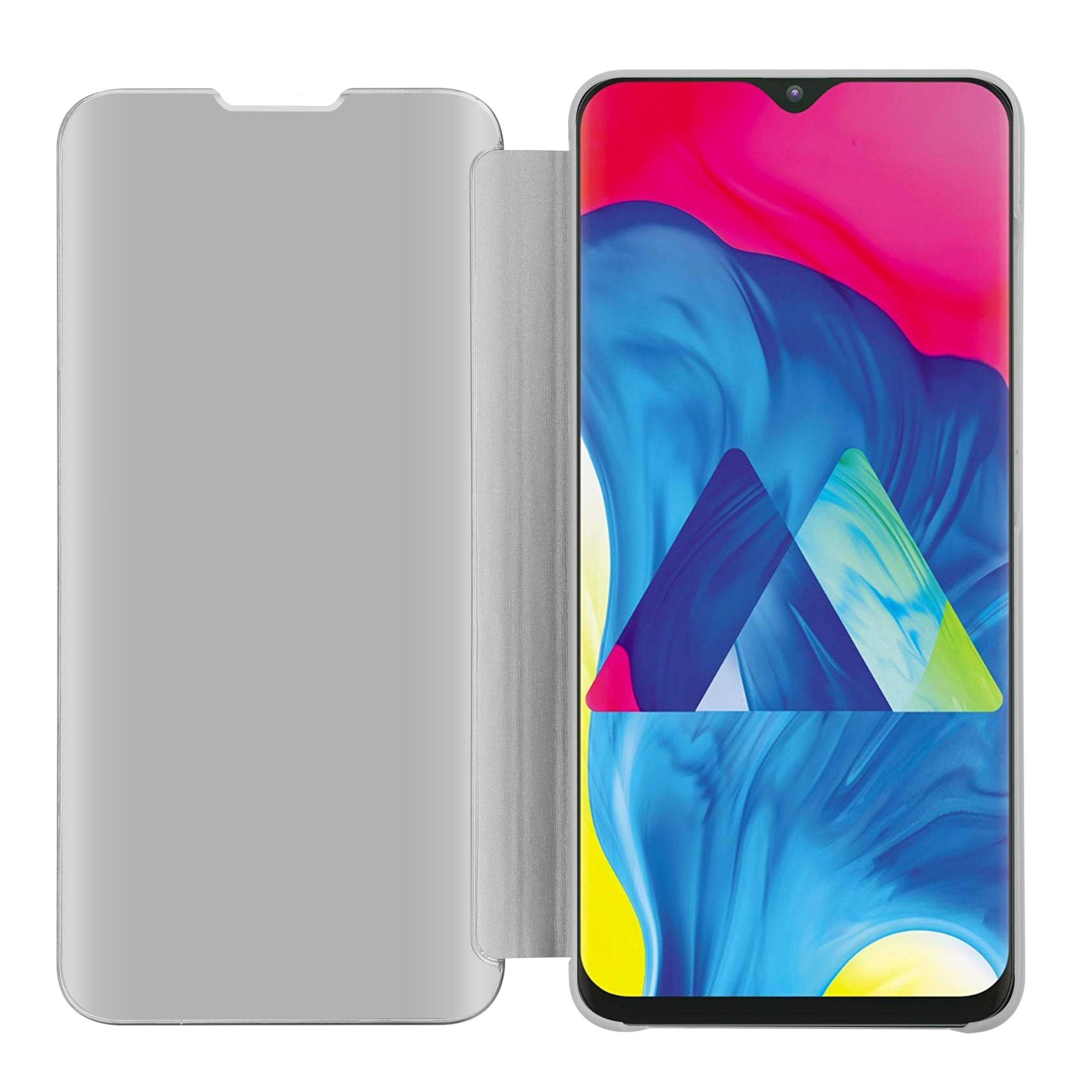 Graue Handyhülle offen mit einem Telefonbildschirm.